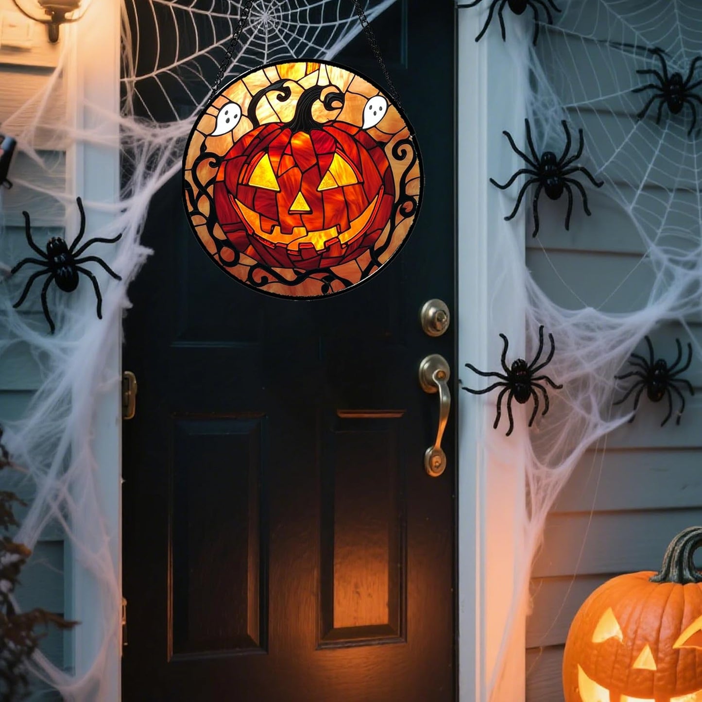Stained Glass Window Hanging - Halloween Decorations Evil Pumpkin Orange Suncatcher for Doors Garden Indoor Funny Spooky Sun Catchers Gothic Decor Horror Gifts for Women Men Friend 11.8 in