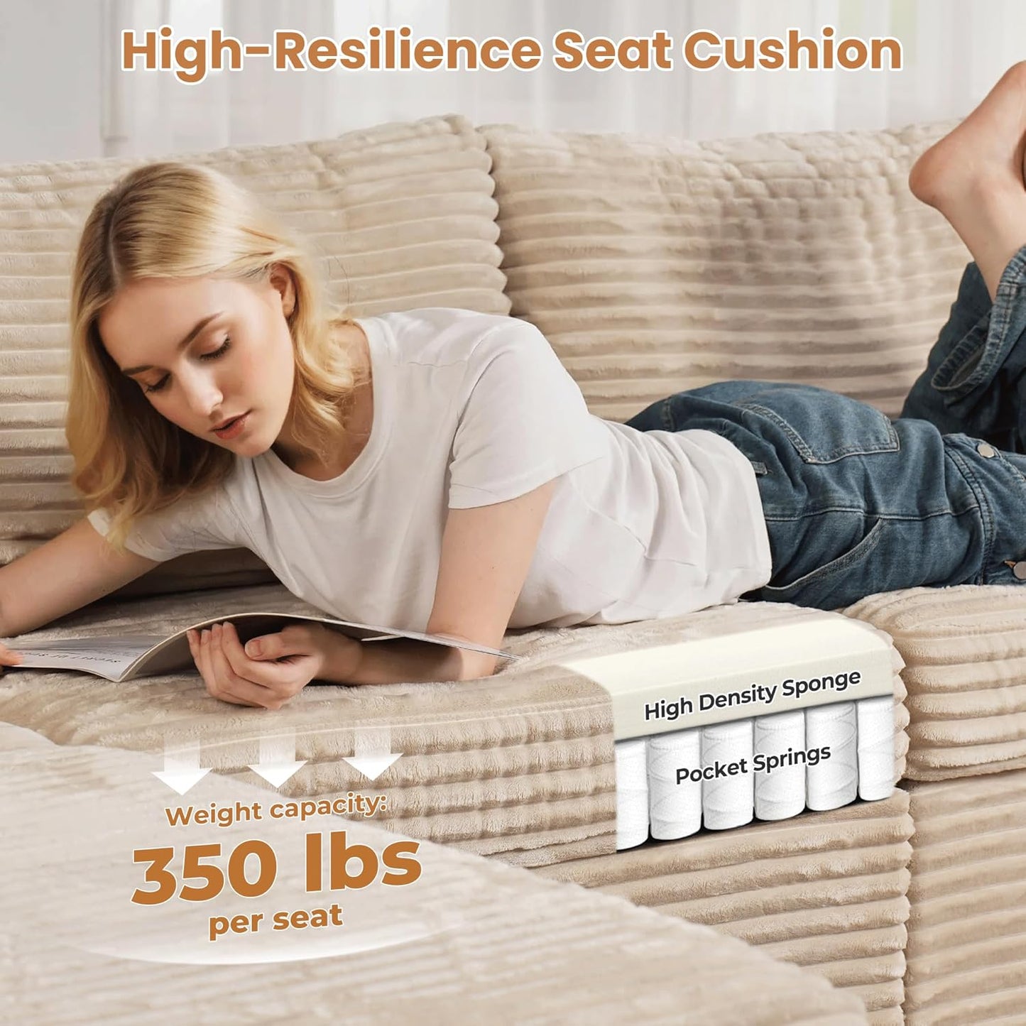 ovios Sectional Sofa Couch with L-Shape Chaise Convertible, Comfy Modular Cloud Couches with Deep Seat, Modern Upholstered Plush Corduroy Sofas Set for Living Room, 5-Seater, Beige