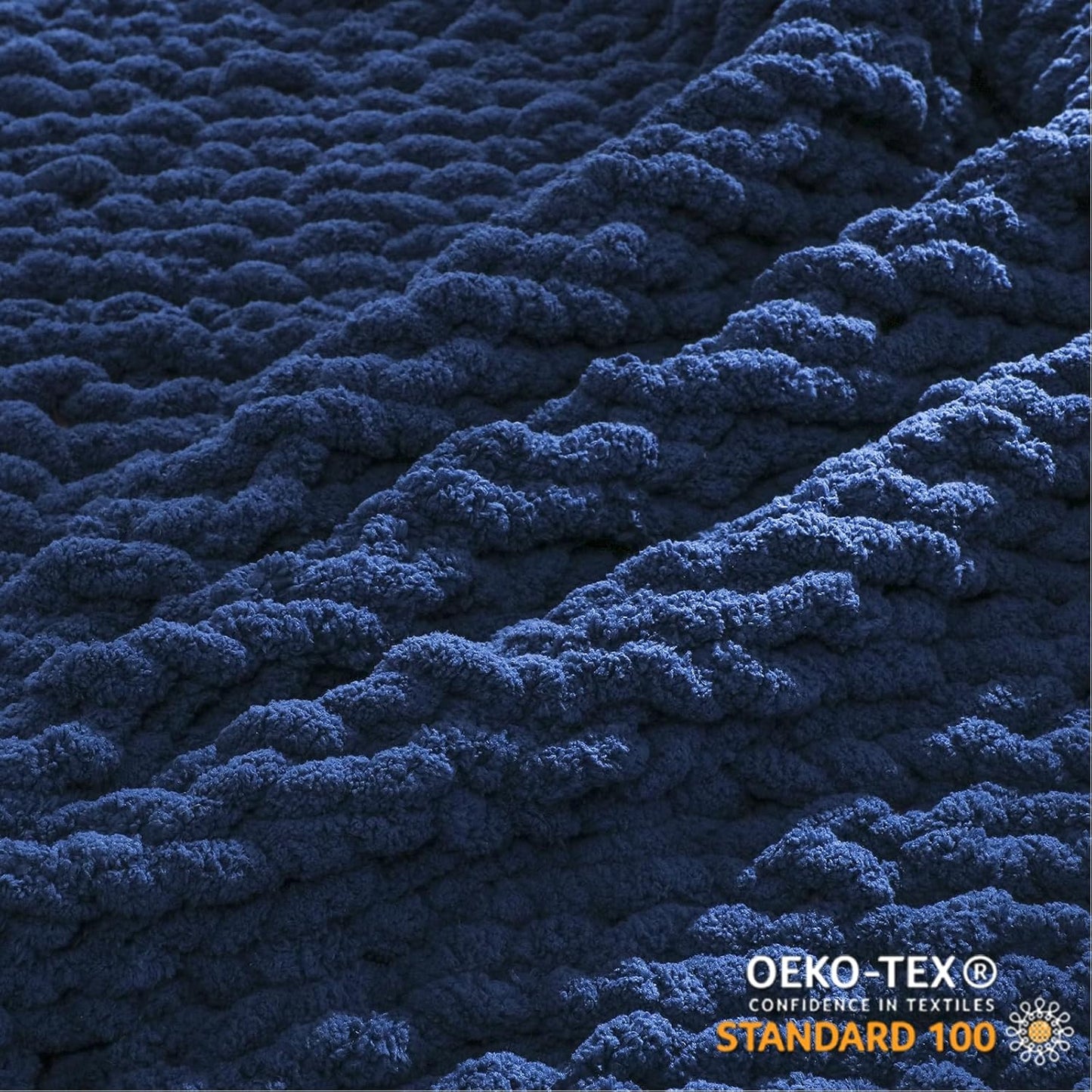 WESHIONGOO Chunky Knit Blanket Throw 50"×60" Knitted Throw Blankets for Couch Bed Fluffy Soft Blanket with Jumbo Chenille Yarn Thick 100% Handmade (Navy Blue)