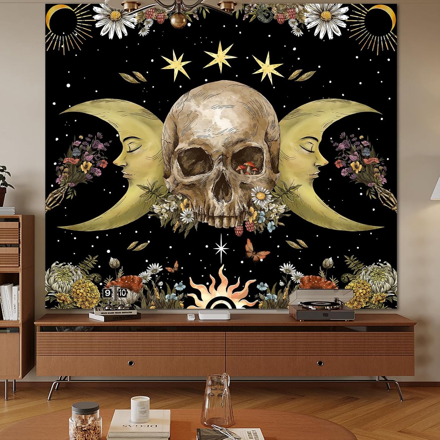 Atrippy Halloween Vintage Gothic Tapestry for Bedroom, Goth Skull Floral Wall Decor Tapestry, Sun and Moon Skeleton Flower Tapestries Aesthetic, Dark Room Decor Wall Hanging for Living Room Dorm 51x60 Inches