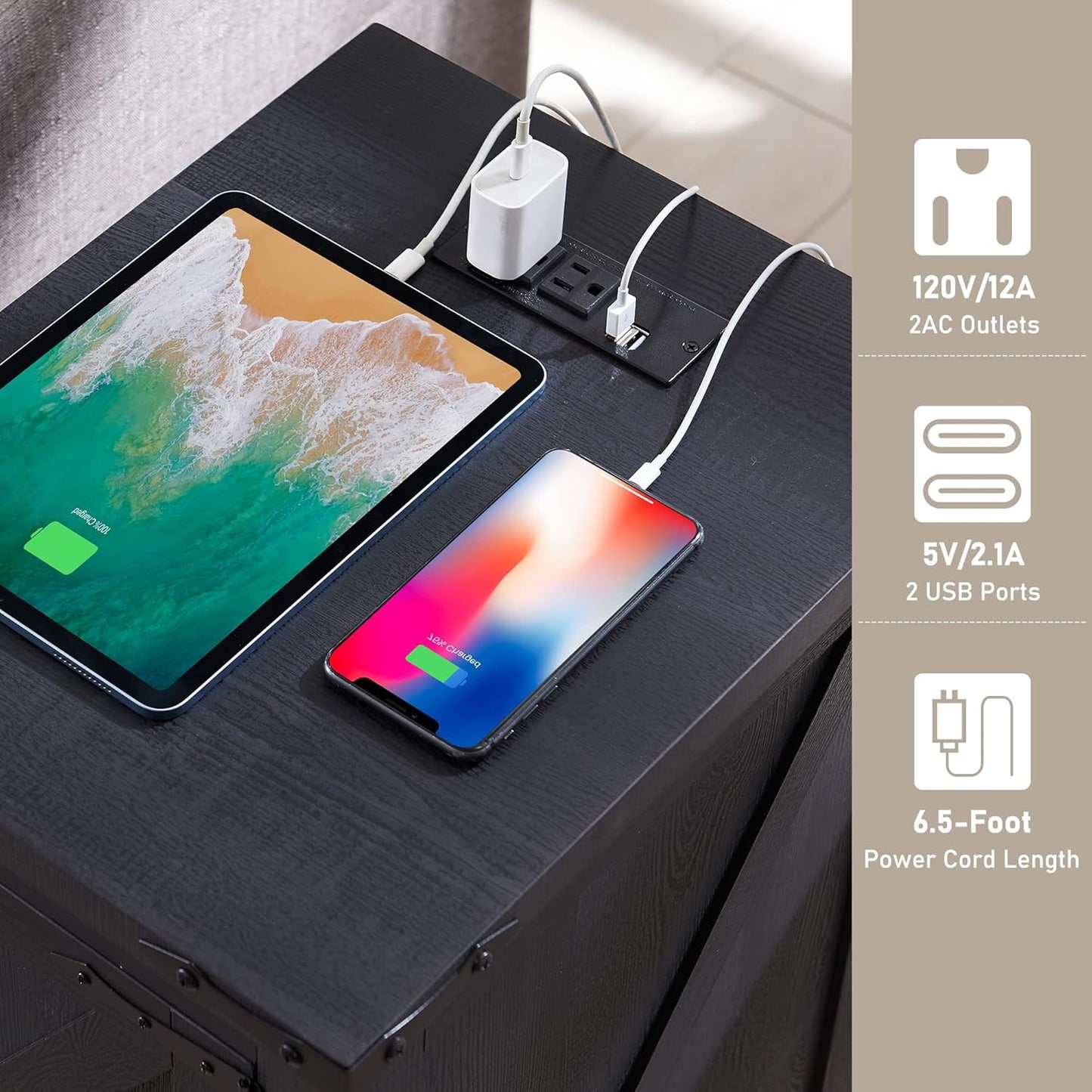 JXQTLINGMU Farmhouse Nightstand Set of 2 with Charging Station, 17" D Rectangular End Table with Barn Door & Adjustable Storage Shelf, Wood Rustic Sofa Side Table for Living Room, Bedroom, Black