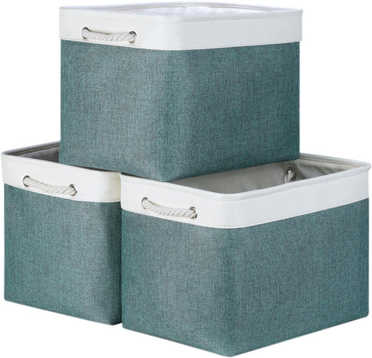 Bidtakay Large Storage Baskets for Shelves 3 Pack Fabric Storage Bins for Organizing Linen Collapsible Organizer for Closet-Deep Green