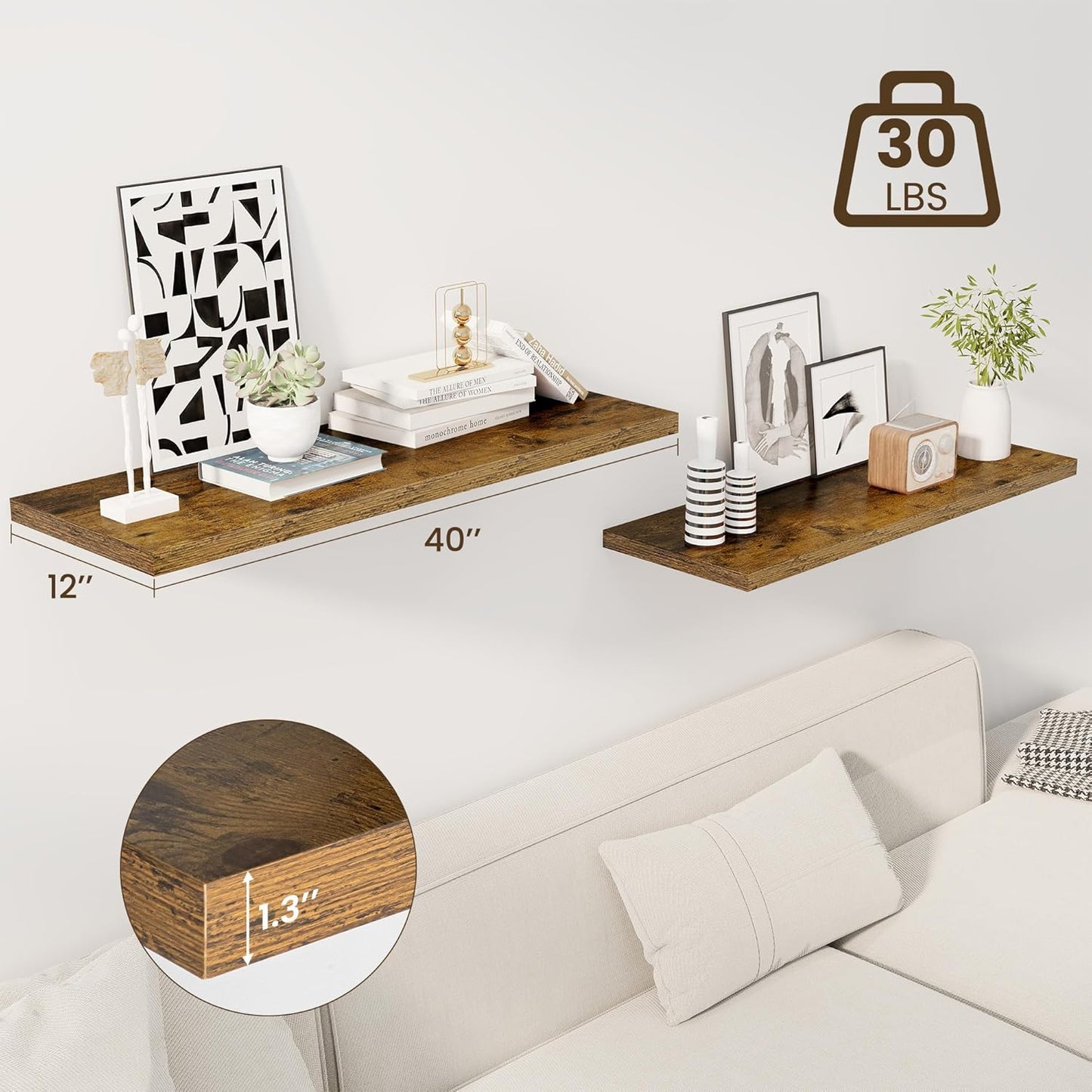 40" Floating Shelves for Wall, 12" Deep Slim Rustic Brown Floating Shelves, Wall-Mounted Shelves for Bedroom, Living Room, Kitchen, Bathroom - Set of 2