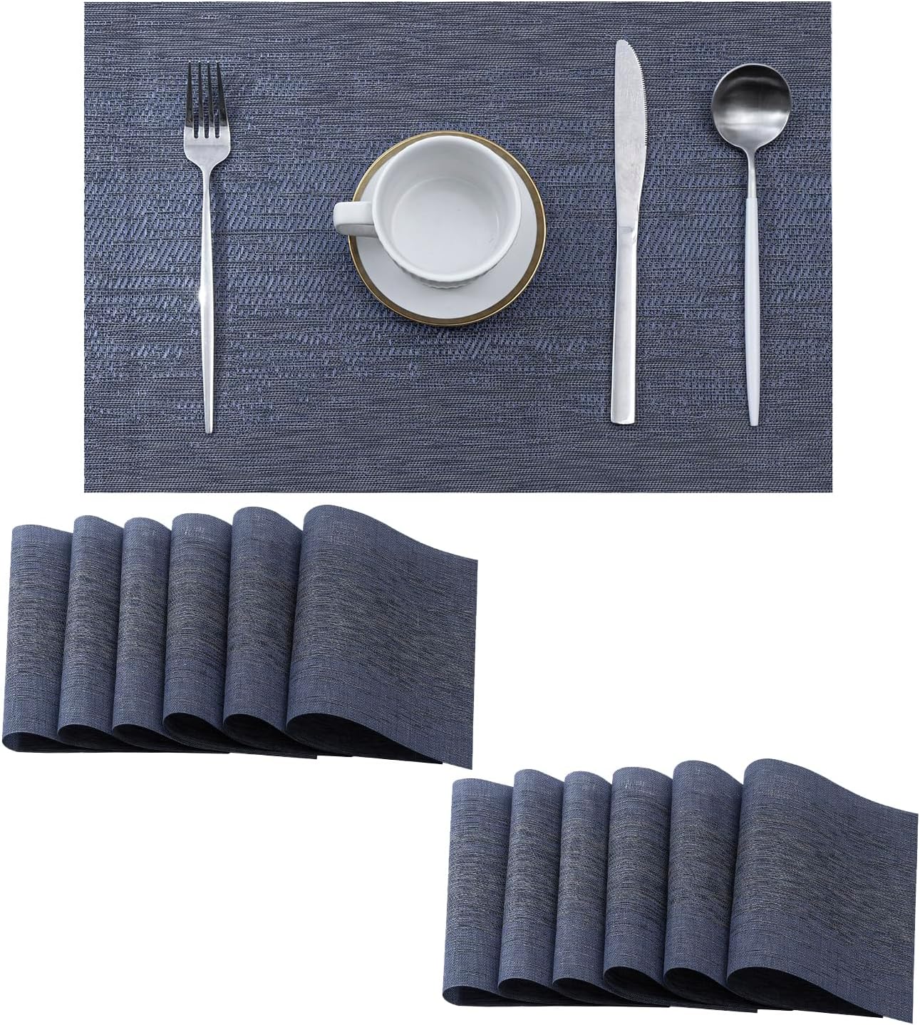 Leetaltree Denim Blue Placemats Set of 12 - Heat Resistant Non-Slip Place mats for Dining Table, Washable Durable PVC Vinyl Woven Table Mats（Denim Blue, 12）