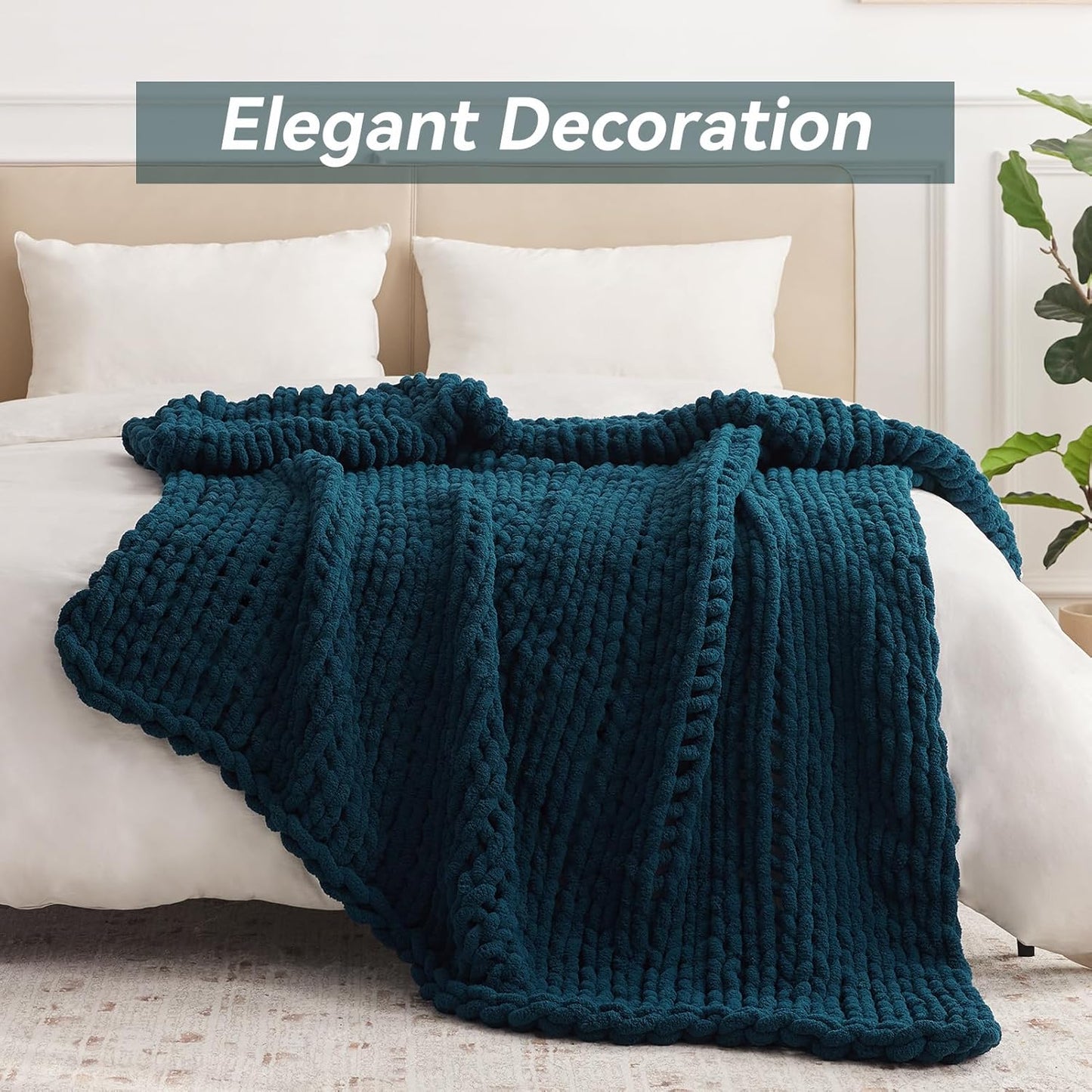 Chunky Knit Throw Blanket, 30''*40'' Knitted Throw Chenille Yarn for Bed Couch, Handmade Peacock Blue Crochet Big Thick Blanket, Machine Washable Cute Comfy Blanket for Home Decor