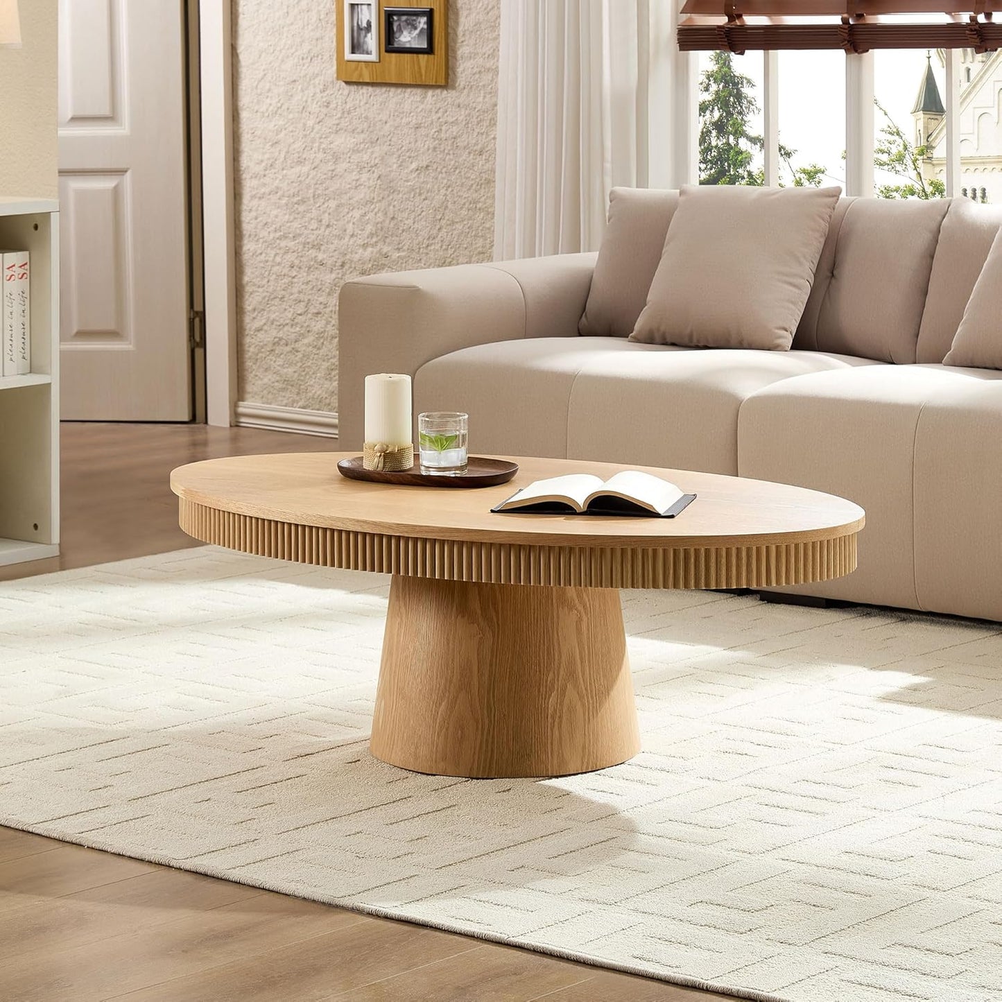 Modern Oval Coffee Table with Wood Pedestal,47.24" Farmhouse Center Table for Living Room, Ellipse Coffee Tables Tea Table for Bedroom, Apartment-Natural