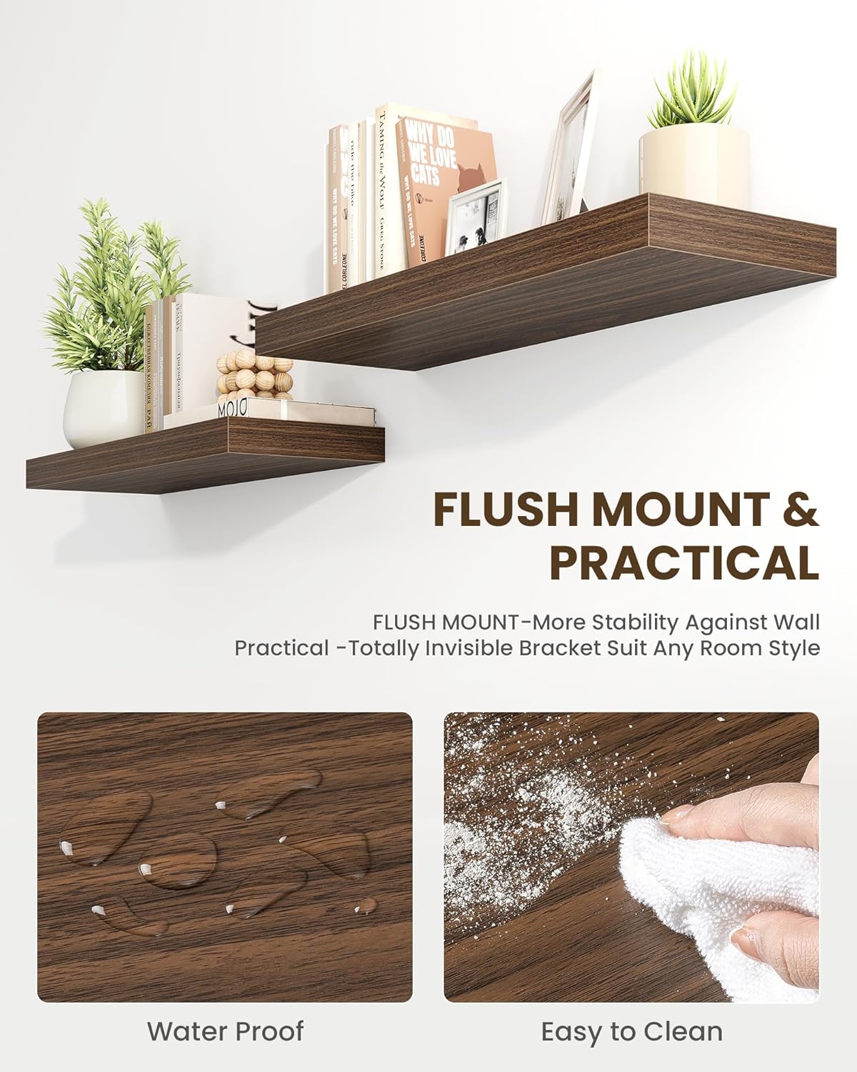 Marsmiles 36" Floating Shelves for Wall, Wooden Shelves with Invisible Brackets Set of 2, Rustic Farmhouse Wall Mounted Shelf for Kitchen Bathroom Living Room Study, Walnut