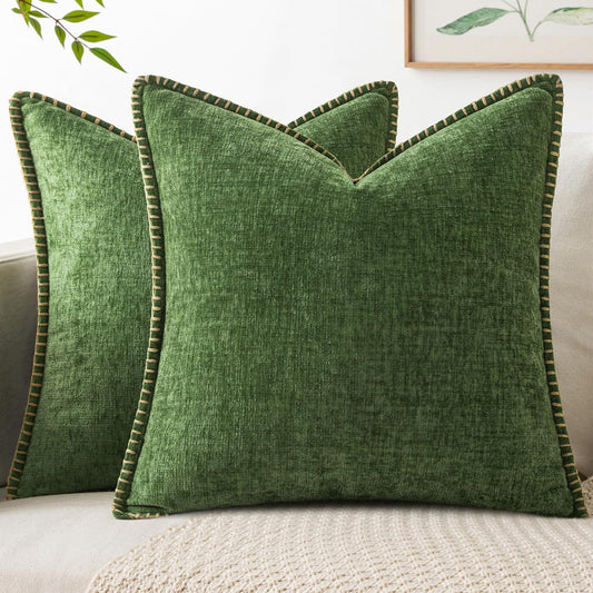 MIULEE Pack of 2 Fall Couch Pillow Covers 18x18 Inch Moss Green Farmhouse Decorative Throw Pillow Covers with Stitched Edge Soft Chenille Solid Dyed Pillow Covers for Sofa Bed Living Room