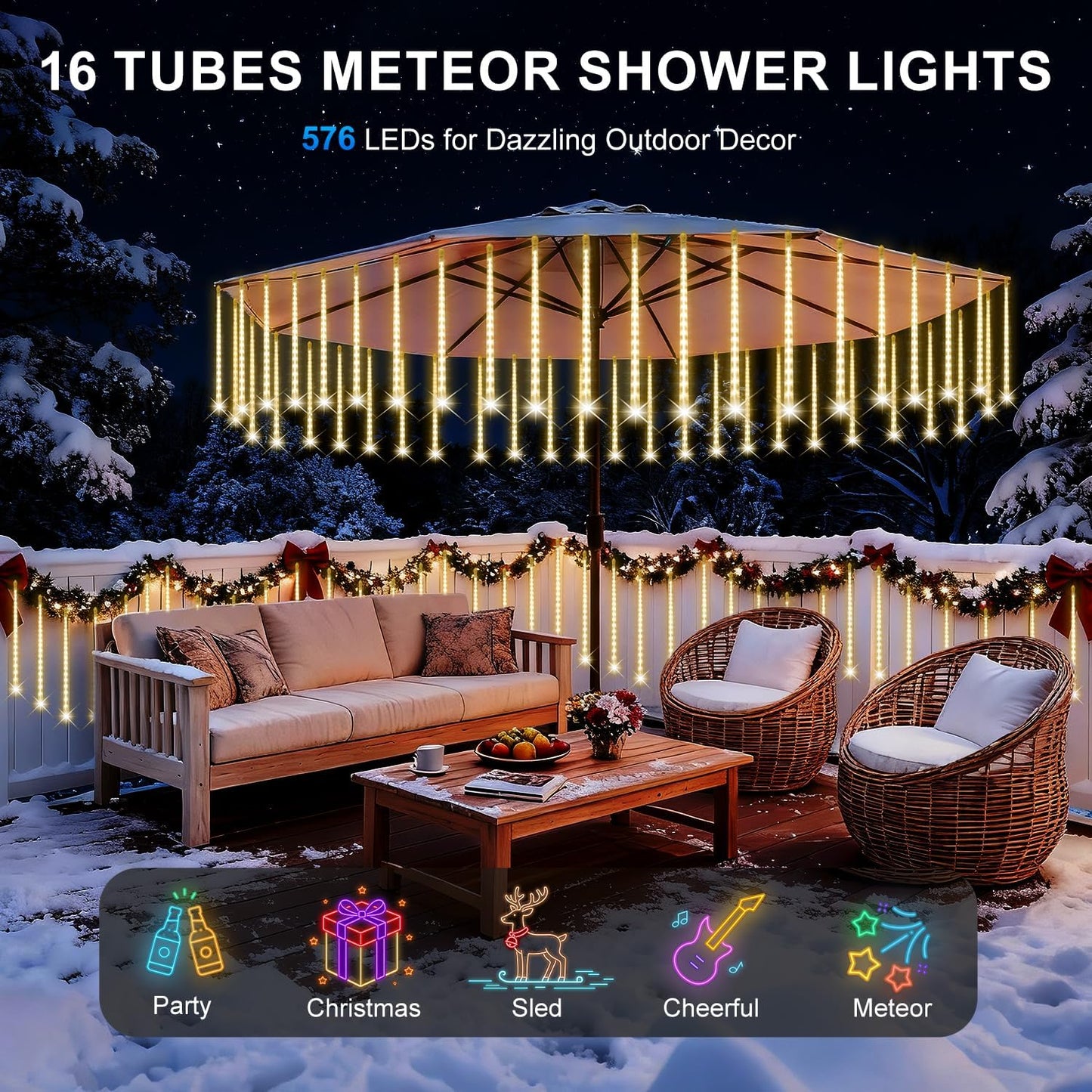 PEMOTech Christmas Lights Outdoor, 16 Tubes 40cm 576 Led Meteor Shower Lights, Waterproof Christmas Decorations Icicle Light for Xmas Tree Halloween Party, Ul Plug,Warm White