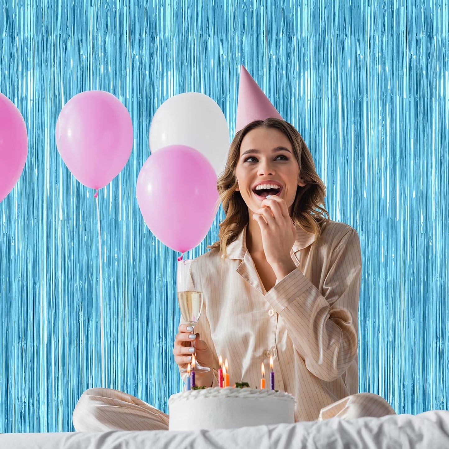 2 Pack Backdrop Curtains, 3.28 Feet x 7.05 Feet Sky Blue Tinsel Backdrop, Metallic Fringe Curtains Foil Tinsel Party Streamer, Winter Backdrop Happy Birthday Party Supplies