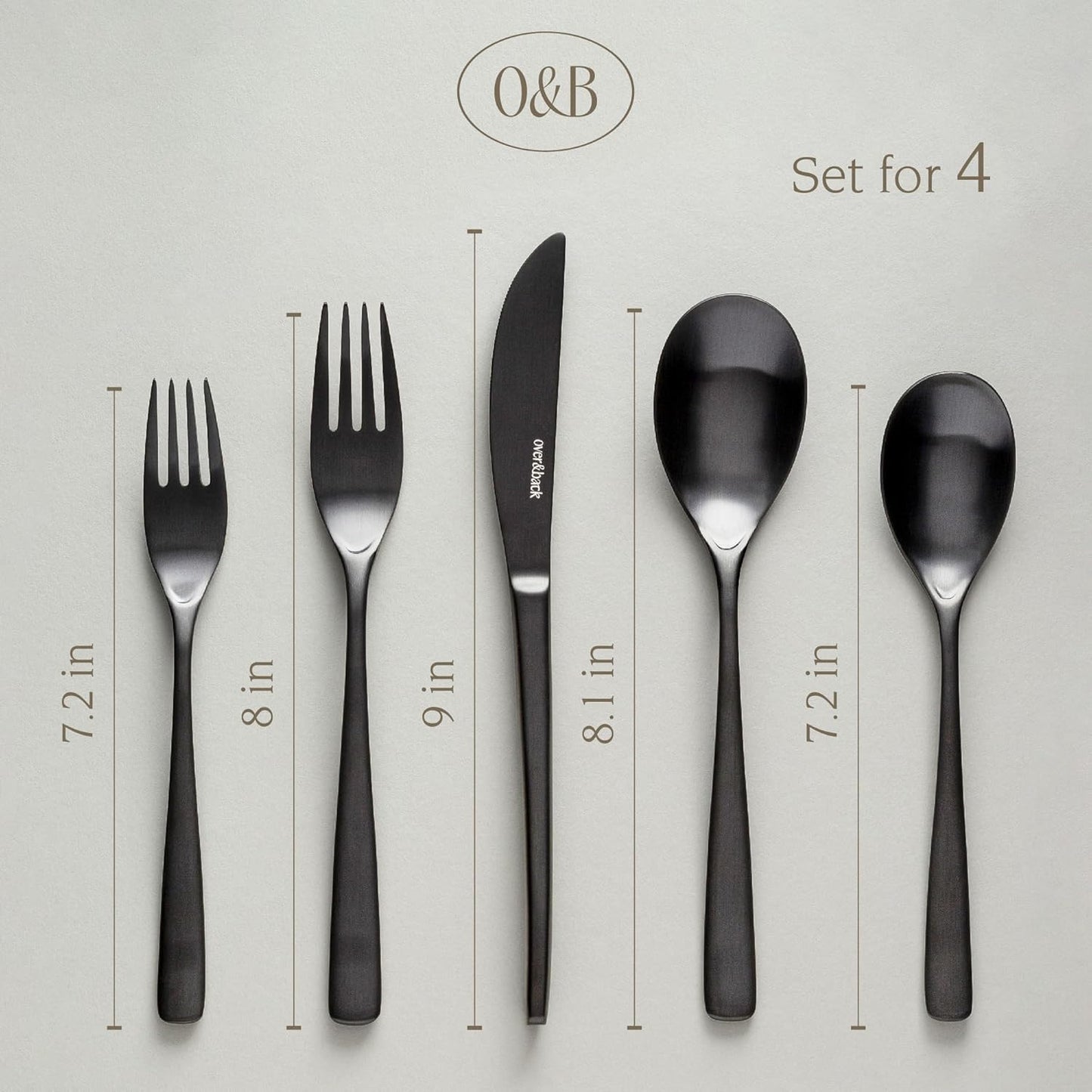 over&back 20pc Curved Flatware Cutlery Set - Comes with 4 Dinner Forks, 4 Salad Forks, 4 Dinner Knives, 4 Dinner Spoons, and 4 Teaspoons - 18/8 Stainless Steel - Dishwasher-Safe - Matte Black