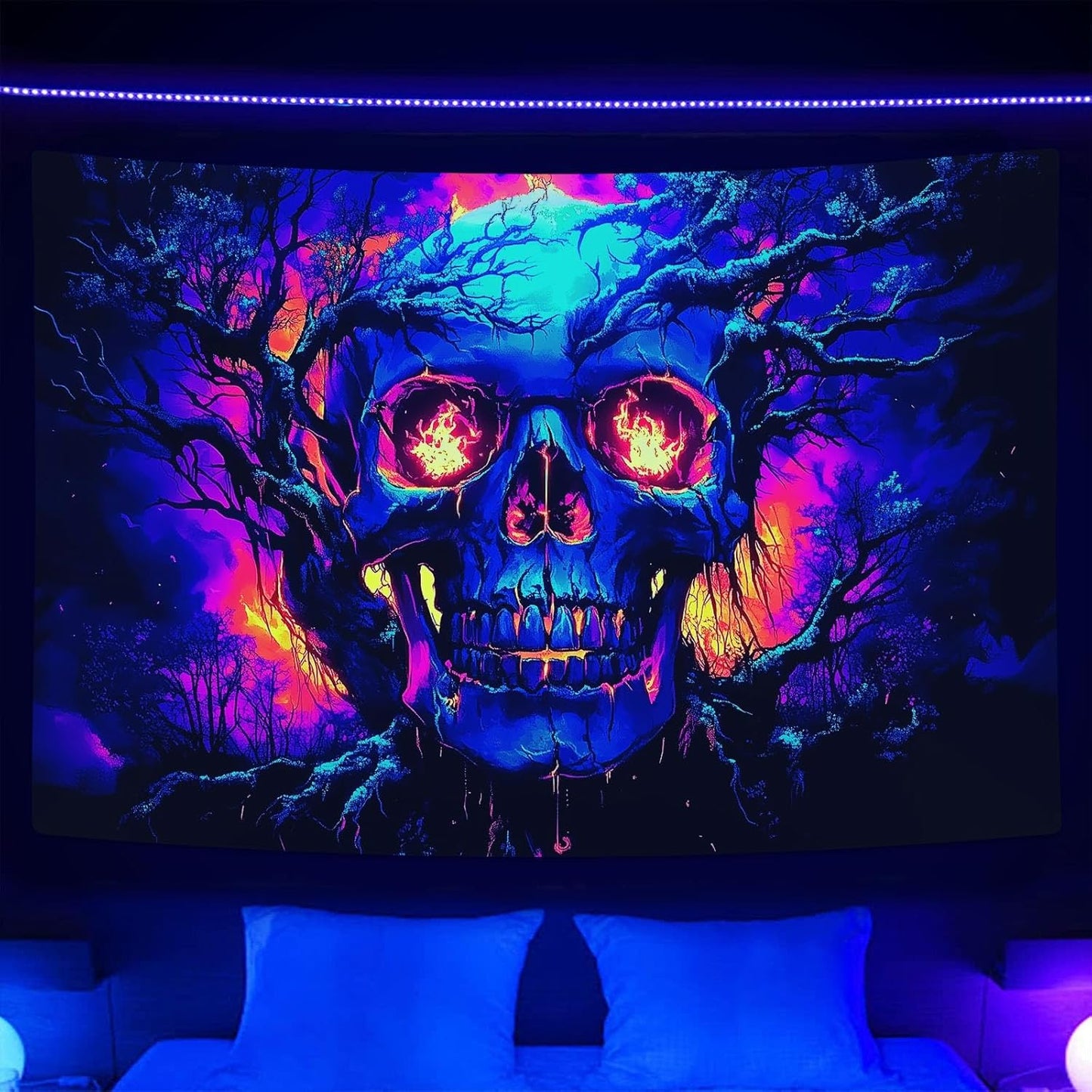 Xiaoput Blacklight Fire Skull Tapestry for Bedroom, Trippy UV Reactive Burning Skeleton Forest Wall Hanging Tapestries, Scary Dark Horror Glow in the Dark Tapestries for Living Room Home Dorm 40X30IN
