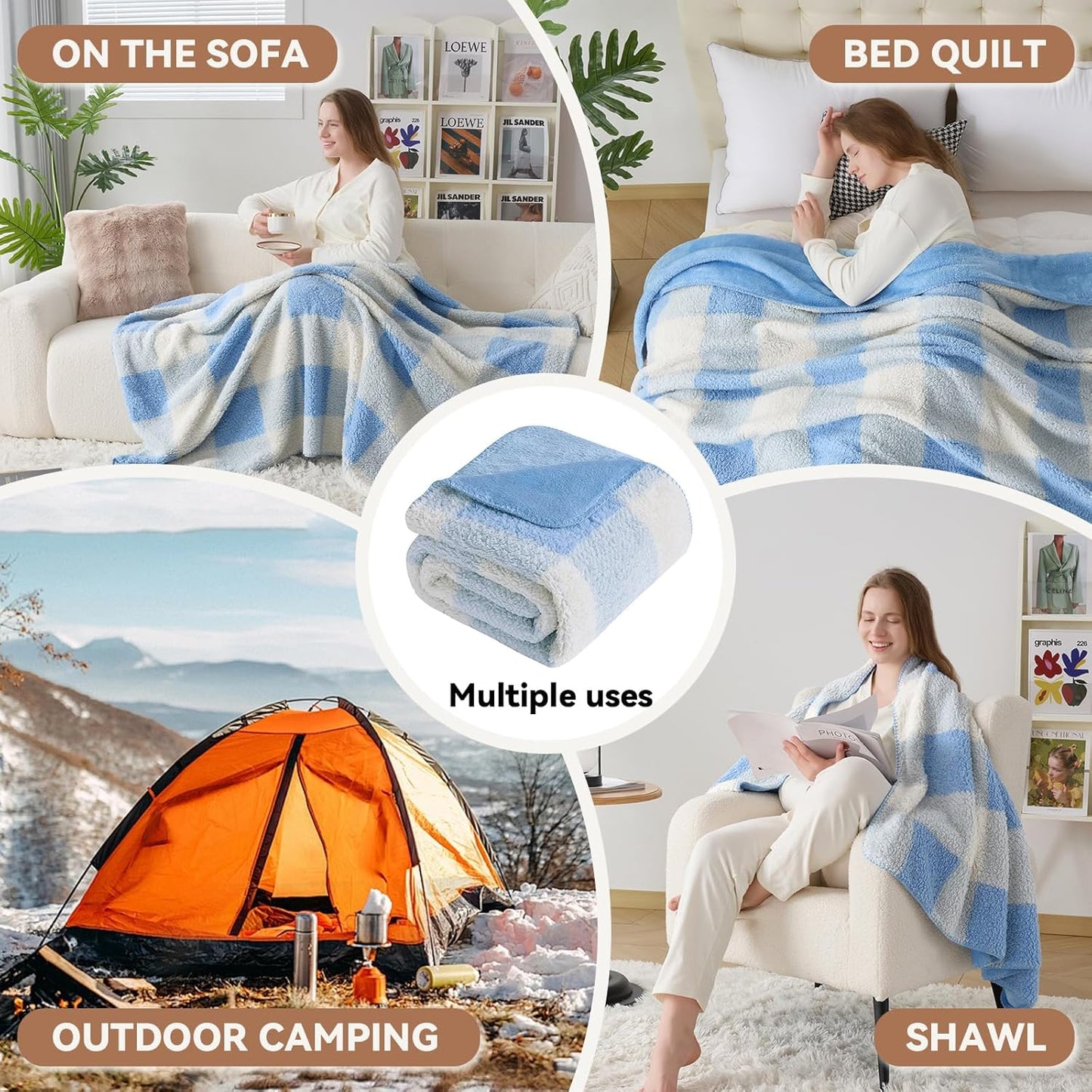 LURKA Checkered Sherpa Fleece Twin-Size Bed Blanket - Extra Thick and Warm Winter Soft Fuzzy Plush Blanket for Couches, Beds & Pets, Glacier, 60x80 Inches