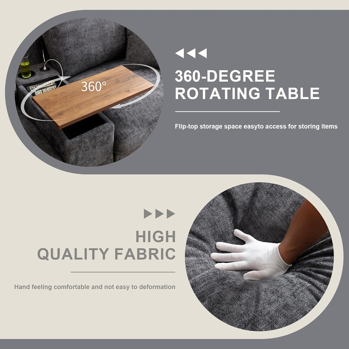 120.3" Modern L-Shaped Sectional Sofa with 360°Swivel Drop-Down Table, Storage Armrest, USB Ports & Movable Storage Ottoman – Plush Linen Cloud Couch for Lounge (Grey)