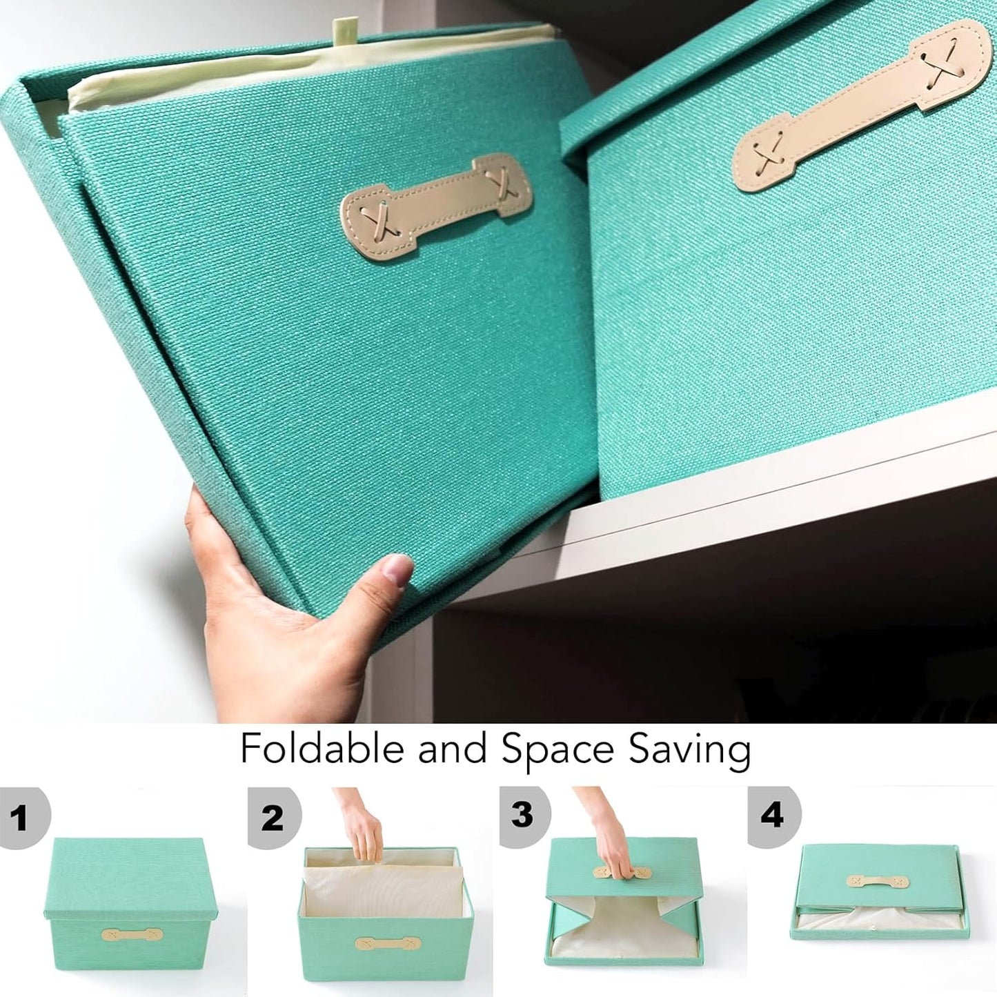 Enzk&Unity Decorative Storage Bins with Lids, Fabric Linen Foldable Storage Box with Handle Home Organizer for Shelf, Closet, Bedroom, Living Room, Office, 3 Packs, Teal