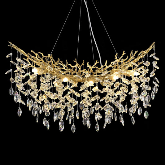 Modern Crystal Gold Chandelier, 36" Large Rectangular Oval Tree Branch Crystal Chandeliers for Dining Room,16-Light Flush Mount K9 Crystal Chandeliers, for Kitchen Island,Dining Room