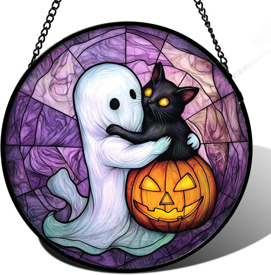 Stained Glass Window Hanging - Halloween Decorations Ghost Black Cat Pumpkin Suncatcher for Door Garden Spooky Purple Sun Catchers Gothic Decor Horror Gifts for Women Men Friend Boy 9.8 in