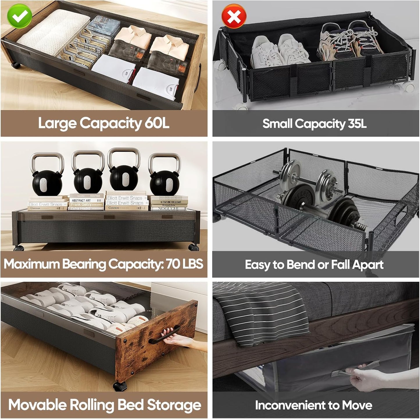 Wooden Under Bed Storage with Wheels, Rolling Under the Bed Storage Bins with Removable Lid, Metal Under Bed Drawers for Clothes and Shoes in Bedroom or Living Room(Black Wood-1pack)