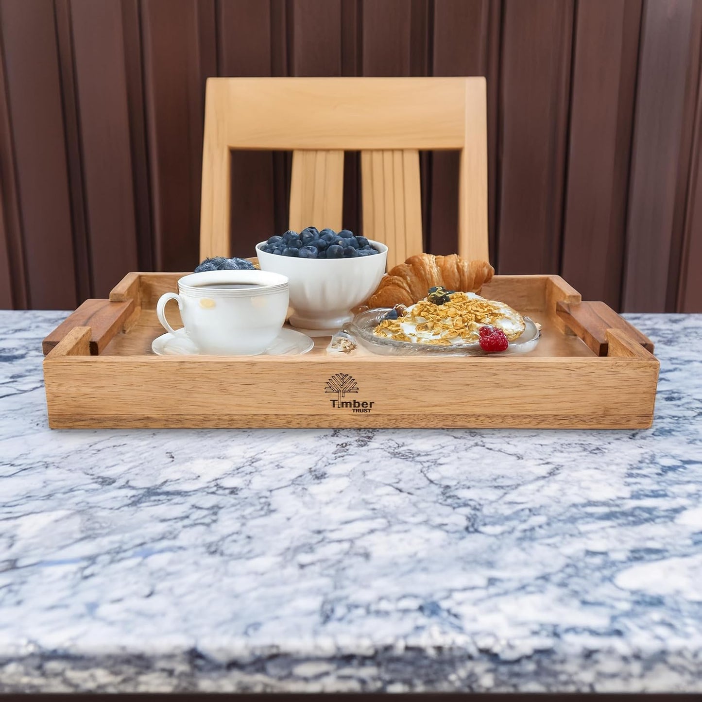 Mango Acacia Wood Serving Trays with Handles – Set of 2 Large Decorative Wooden Trays for Breakfast in Bed, Dinner, Snacks, Coffee Table, Ottoman, Couch & Patio Party – (16x10x1.75 & 8x12x1.75) Inches