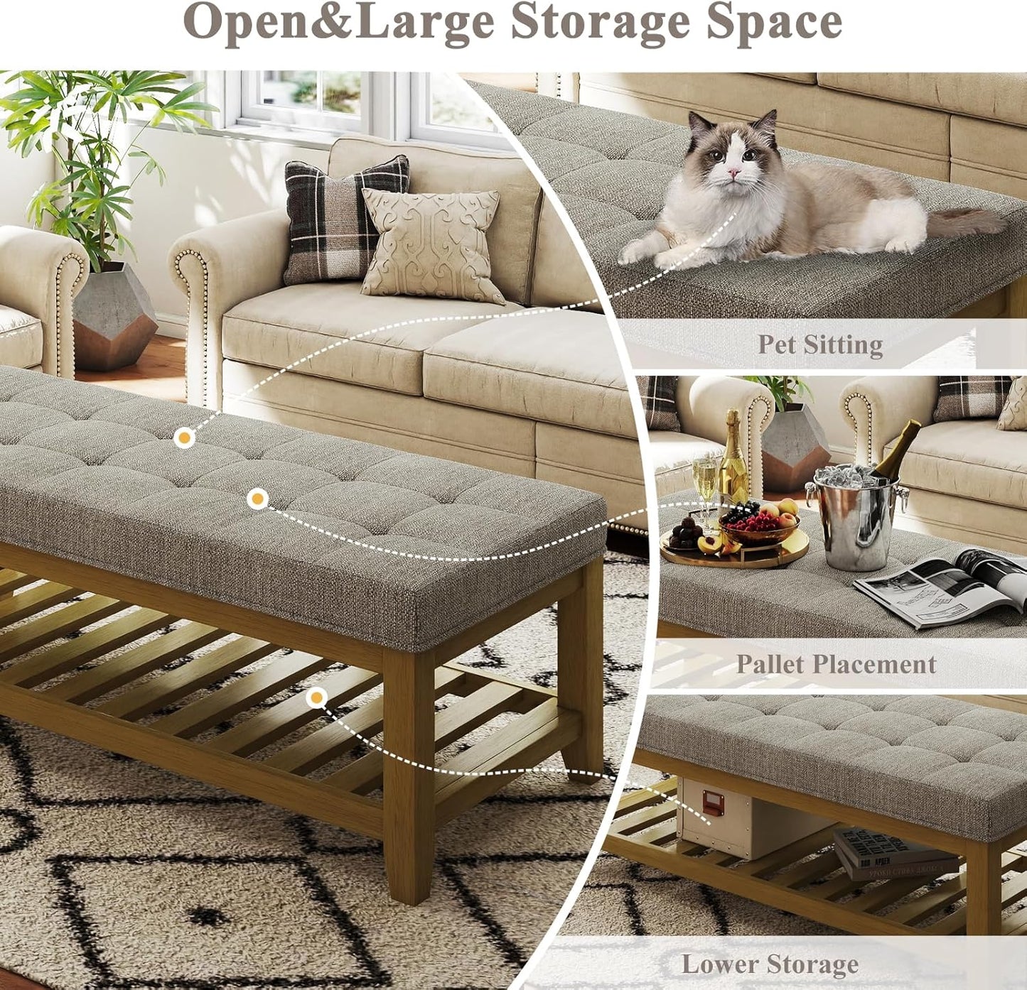 Large Rectangular Upholstered Ottoman Bench, Linen Tufted Footrest Ottoman with Solid Wood Shelf Storage Coffee Table for Bedroom Living Room, Linen