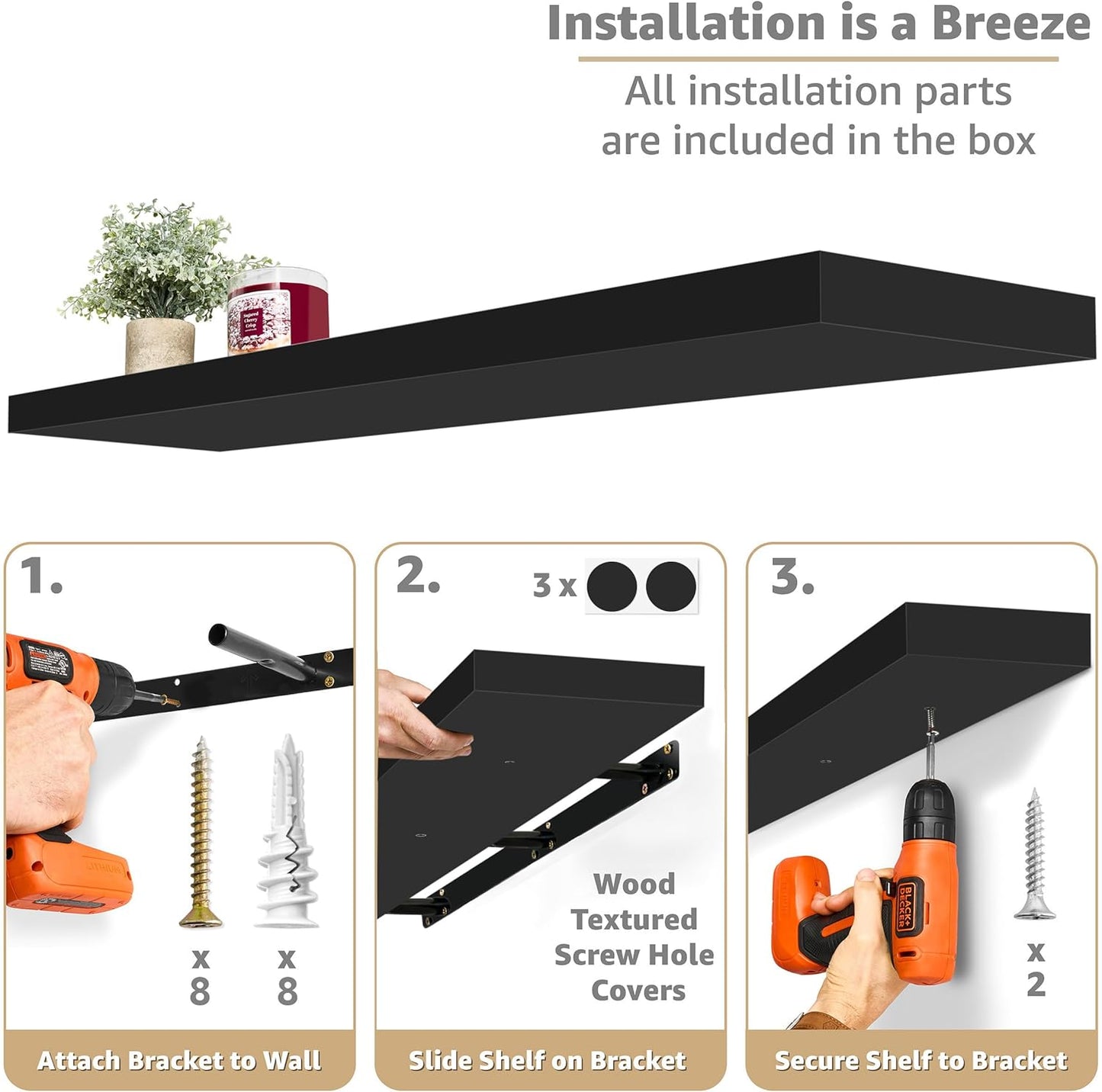 Sorbus Floating Shelves for Wall - 48 Inch Long Bathroom Shelves, Wall Decor for Bedroom, Kitchen, Living Room & Book Storage - Mounted Floating Shelf with Invisible Brackets (Black, 3 Pack)