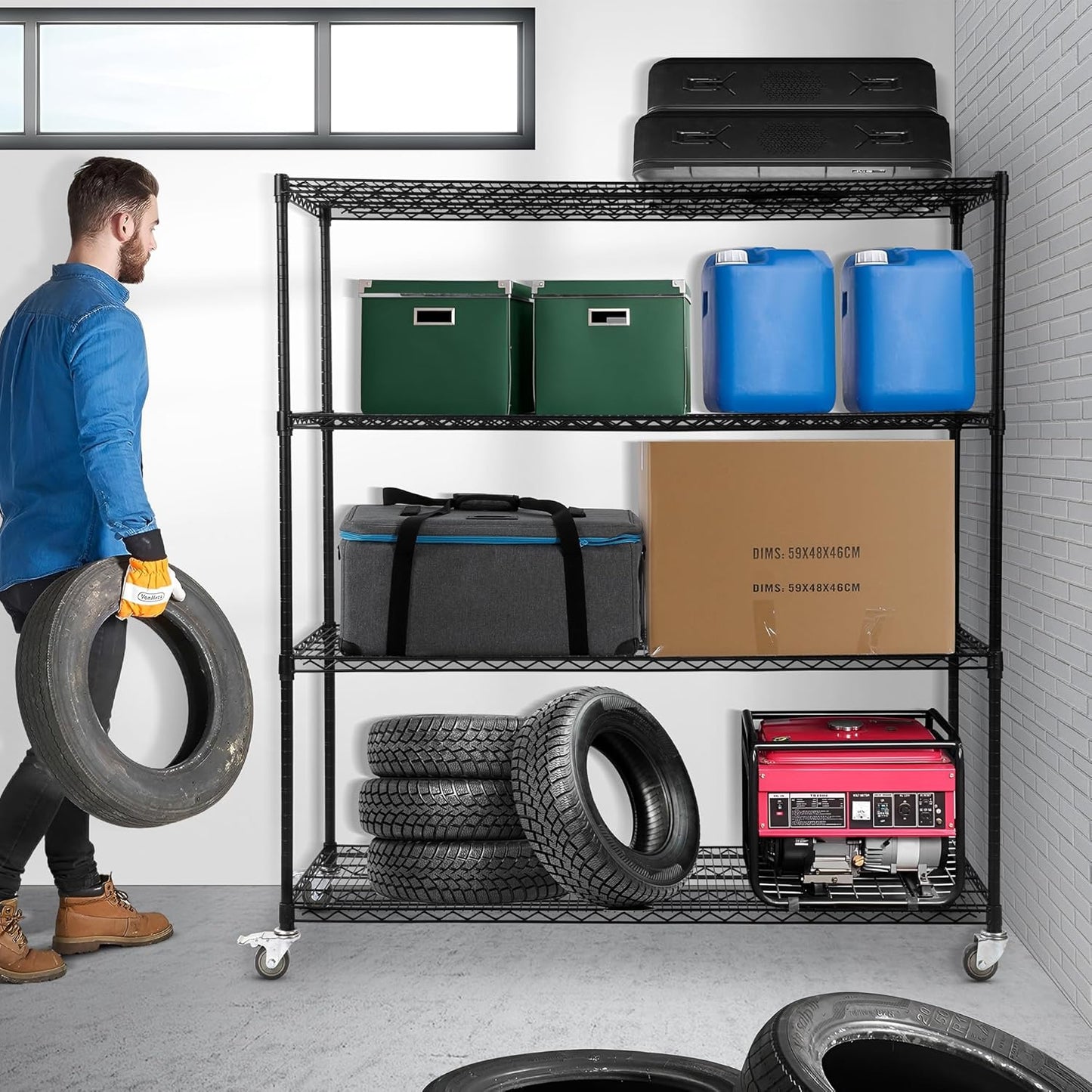 Rengue 4-Tier Wire Shelving with Wheels, 60"x 24"x72" Metal Storage Shelves, Heavy Duty Garage Storage Shelves, Chrome 2400LBS Capacity Wire Shelf Rack for Restaurant, Garage, Pantry, Black