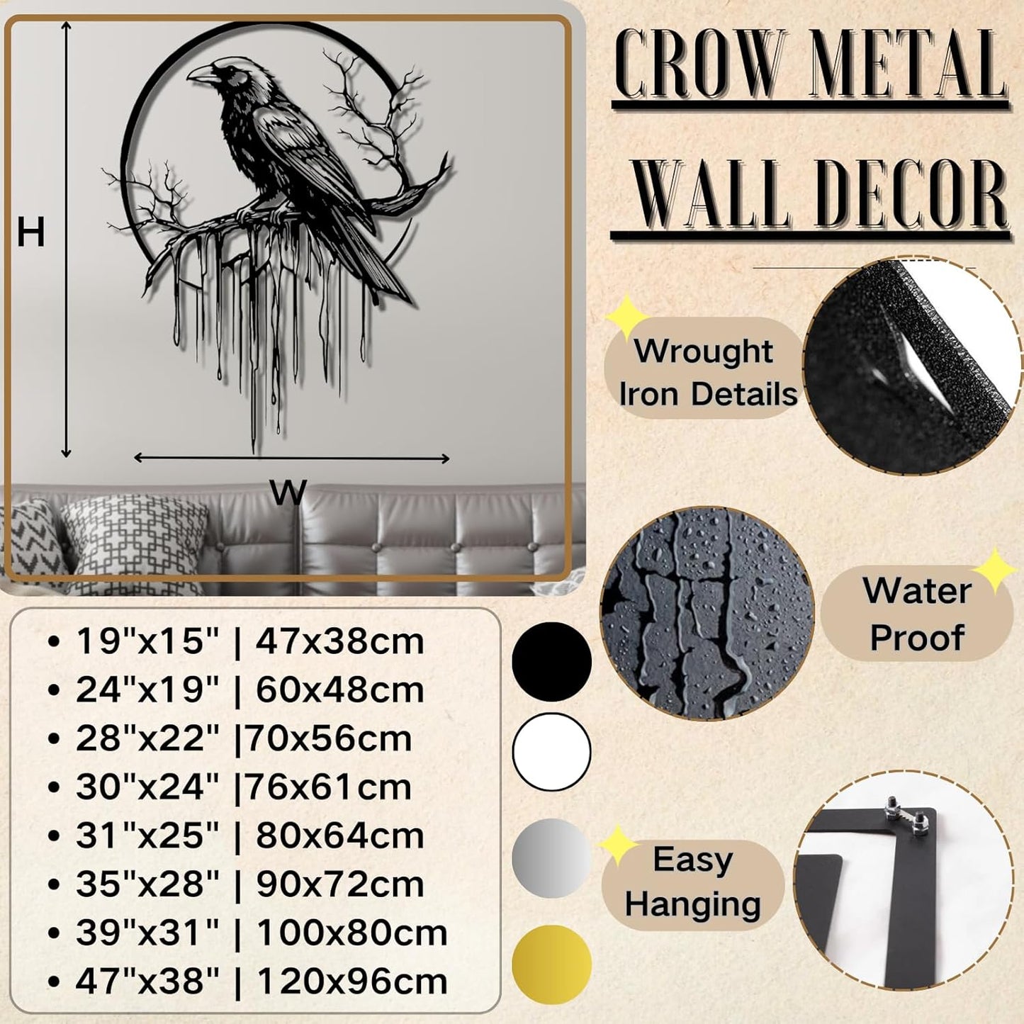 Crow Metal Wall Decor, Raven Wall Art, Large Gothic Raven Decor Hangings, Bird Wall Decor, Metal Tree Branch Decor, Ravens Sign, Raven Art for Living Room (Silver, 39"x31" | 100x80cm, metal wall art)