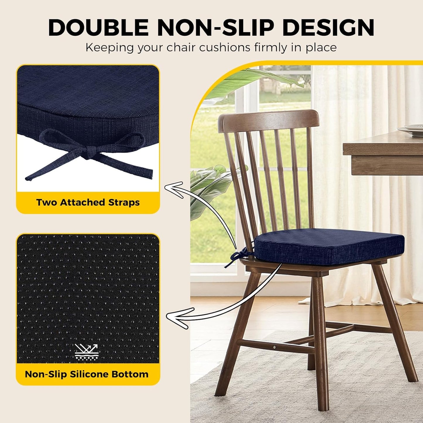downluxe Indoor Chair Cushions for Dining Chairs, Soft and Comfortable Textured Foam Kitchen Chair Pads with Ties and Non-Slip Backing, 16" x 16" x 2", Navy, 4 Pack