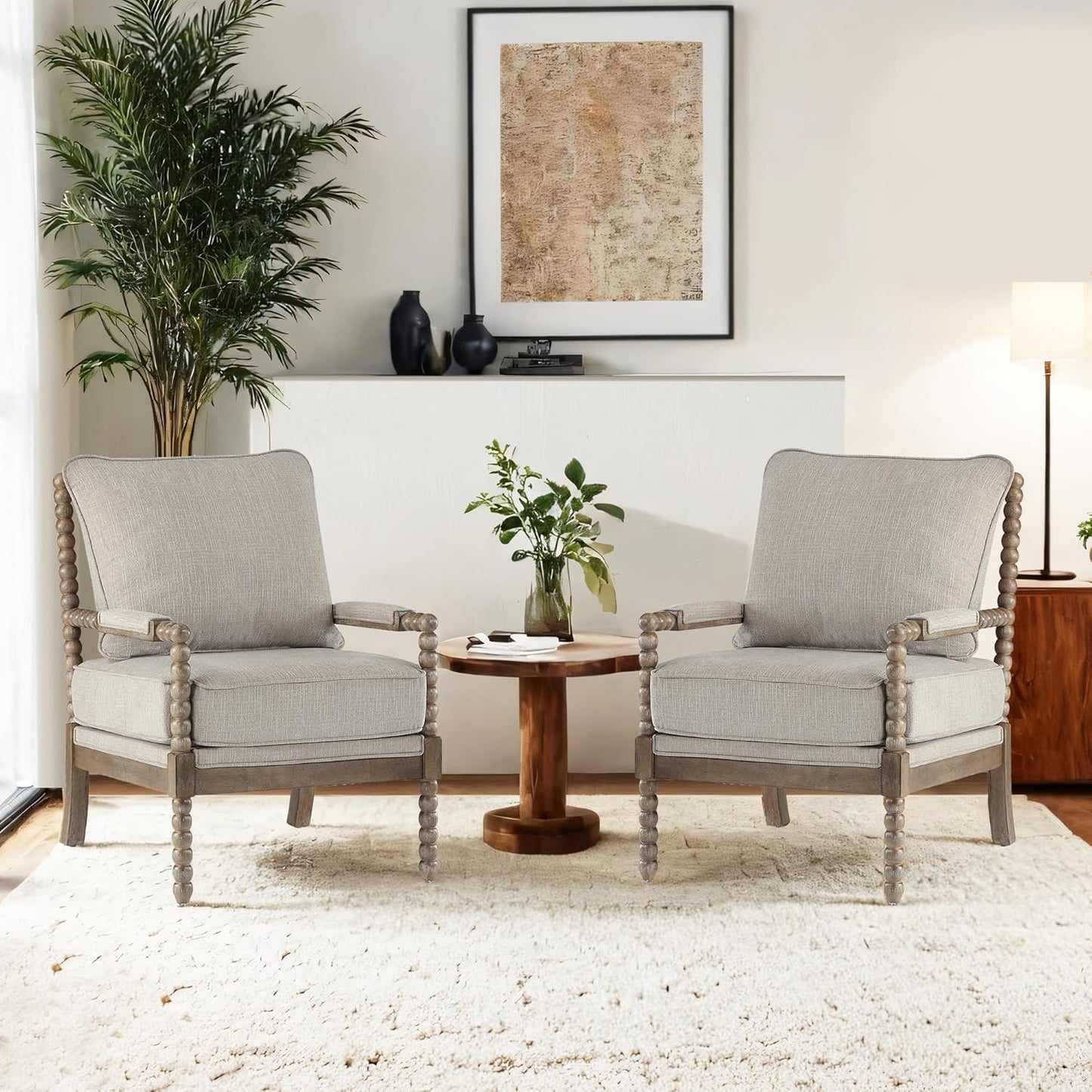 DUHOME Linen Fabric Spindle Accent Chairs Set of 2,Spool Chairs with High Resilience Spring Cushion and Armrest Pads, Leisure Armchair for Living Room Bedroom Farmhouse Home Office Belcony