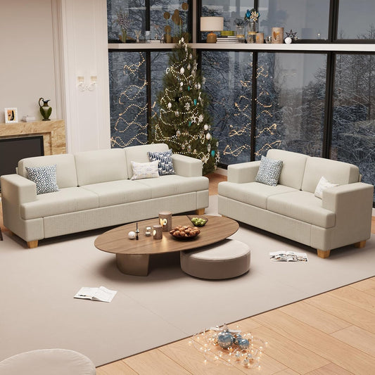 2 Pieces Corduroy Couch Set for Living Room, 5 Seats Cloud Sofa, Deep Seat Floor Couch for Bedroom, Futon Modern Sofa Bed, White Corduroy