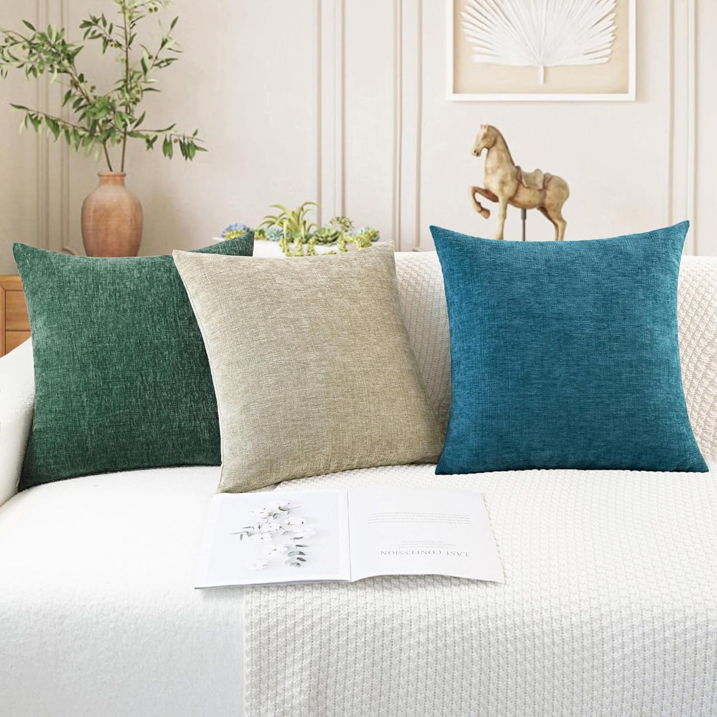 CaliTime Throw Pillow Covers Decorative 18 X 18 Inches Pack of 2 Cozy Chenille Cushion Cases for Couch Sofa Bed Living Room Home Light Taupe