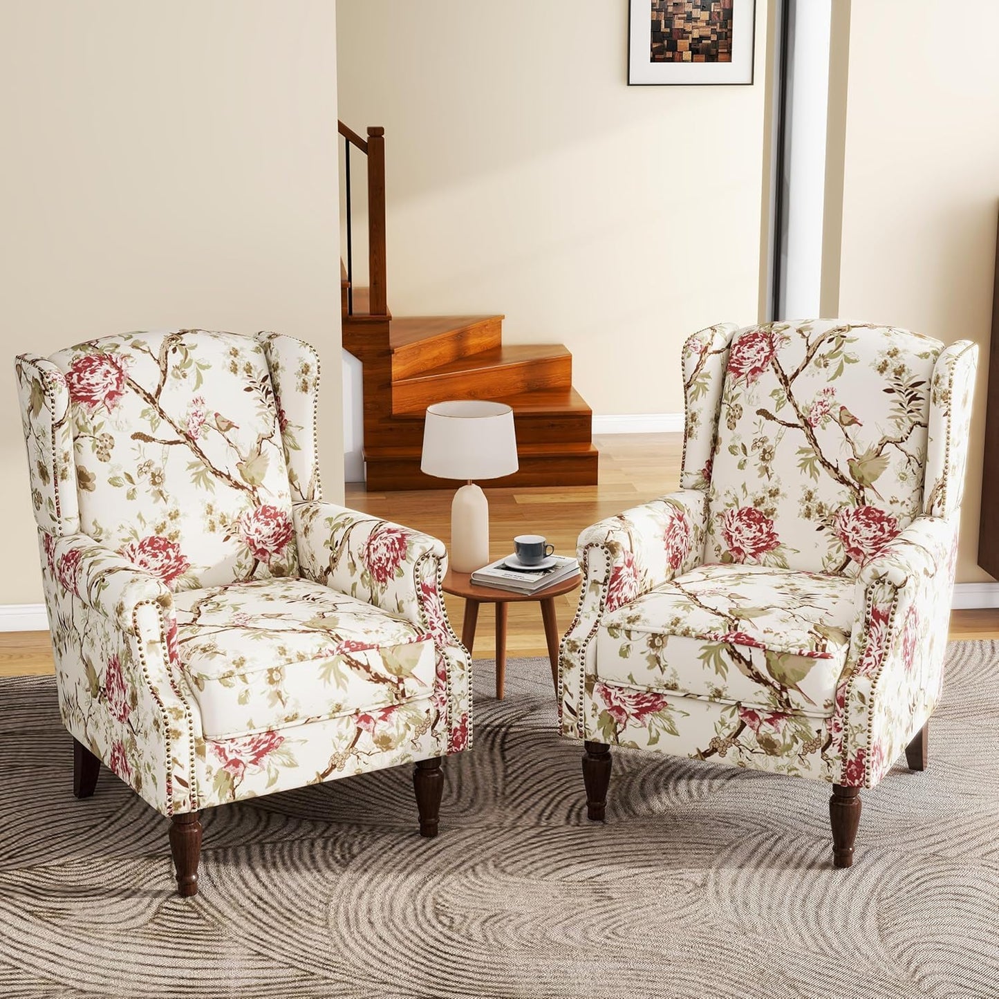 UIXE High Back Floral Accent Chairs Set of 2, Fabric Upholstered Armchair for Living Room, Retro Wingback Arm Chair with Solid Wood Leg, Nailhead Trim Single Sofa Bedroom Reading Seat - Beige