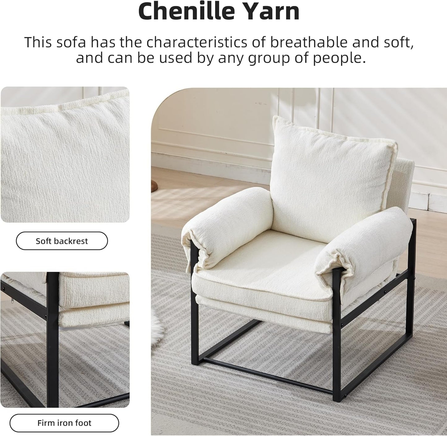 YISHENG Accent Chair with 6-Angle Adjustable Backrest, Chenille Fabric Living Room Chair Upholstered Lounge Chair, Modern Chair Cozy Reclining Chair for Reading Room, 1PC White