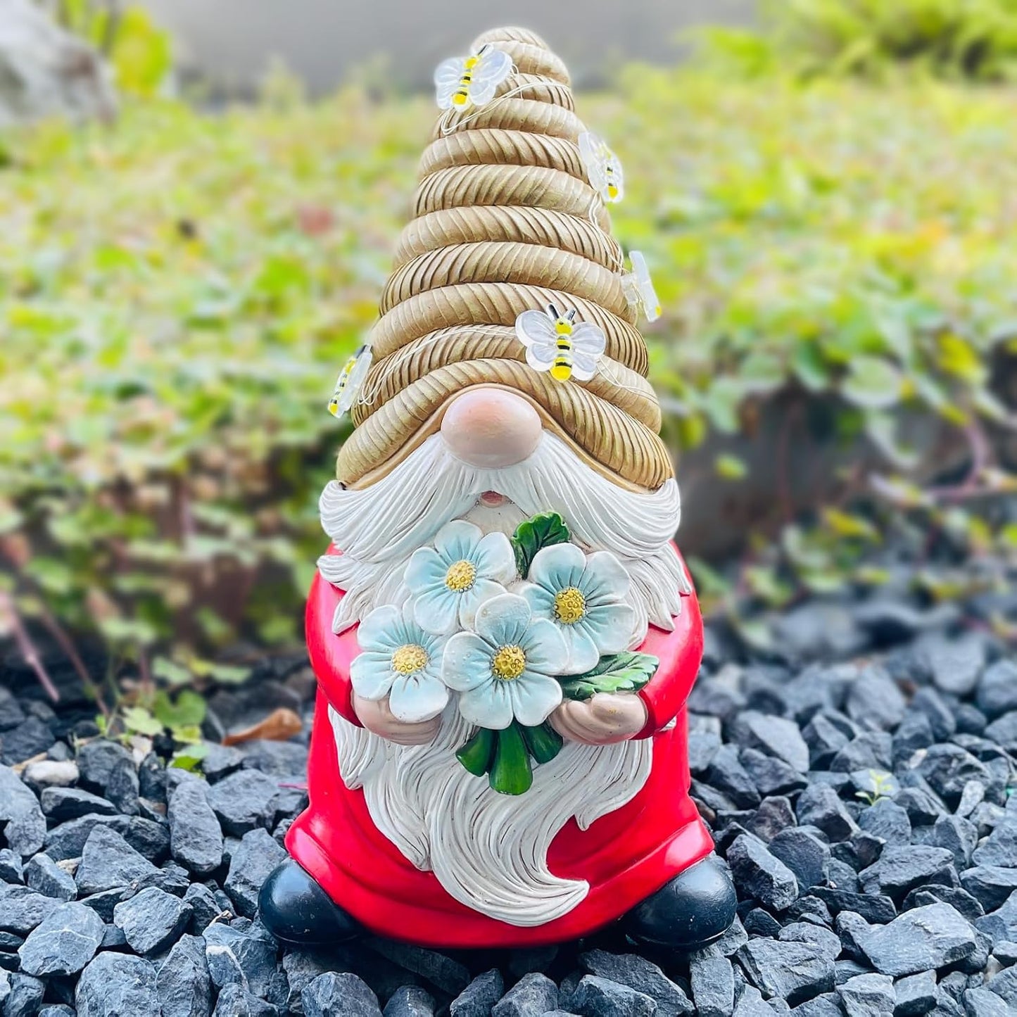 Outdoor Garden Gnomes Statue, Bee Flower Gnome Sculpture, with Solar LED Lights for Yard, Patio, Lawn Ornaments for Garden, Patio Gnome Gifts for Mom