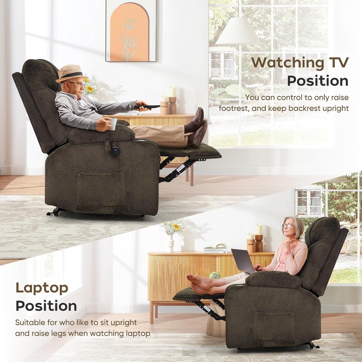 Oversized Dual Motor Lay Flat Power Lift Recliner Chair with Massage, Heating, Lumbar Pillow, USB & Type-C Ports, Textile Lift Chairs Recliners, Large Recliner for Big & Elderly People - Brown