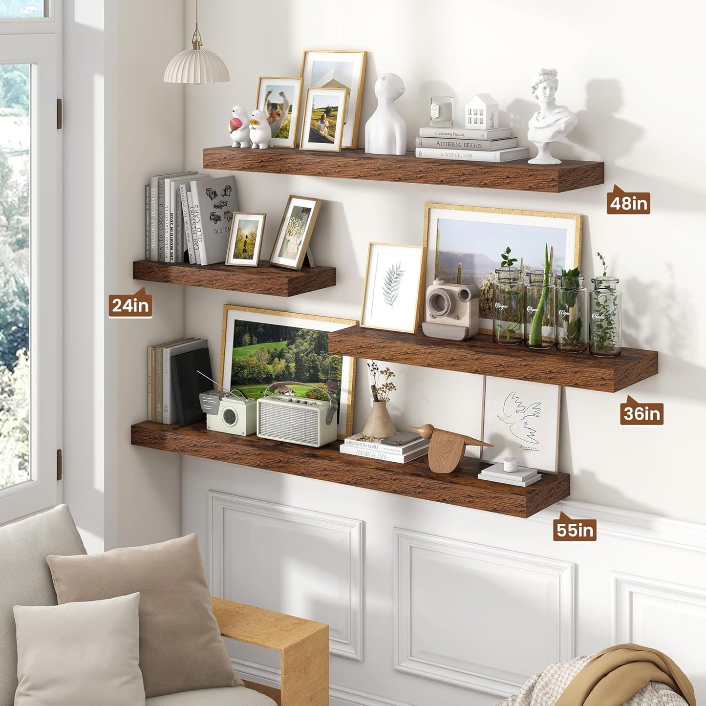 Heimlove 55 Inch Floating Shelves for Wall,10 Deep Large Rustic Brown Wall Shelf with Heavy Duty Brackets,Wall Mounted Storage & Display Shelves for Bedroom,Living Room,Kitchen,Office