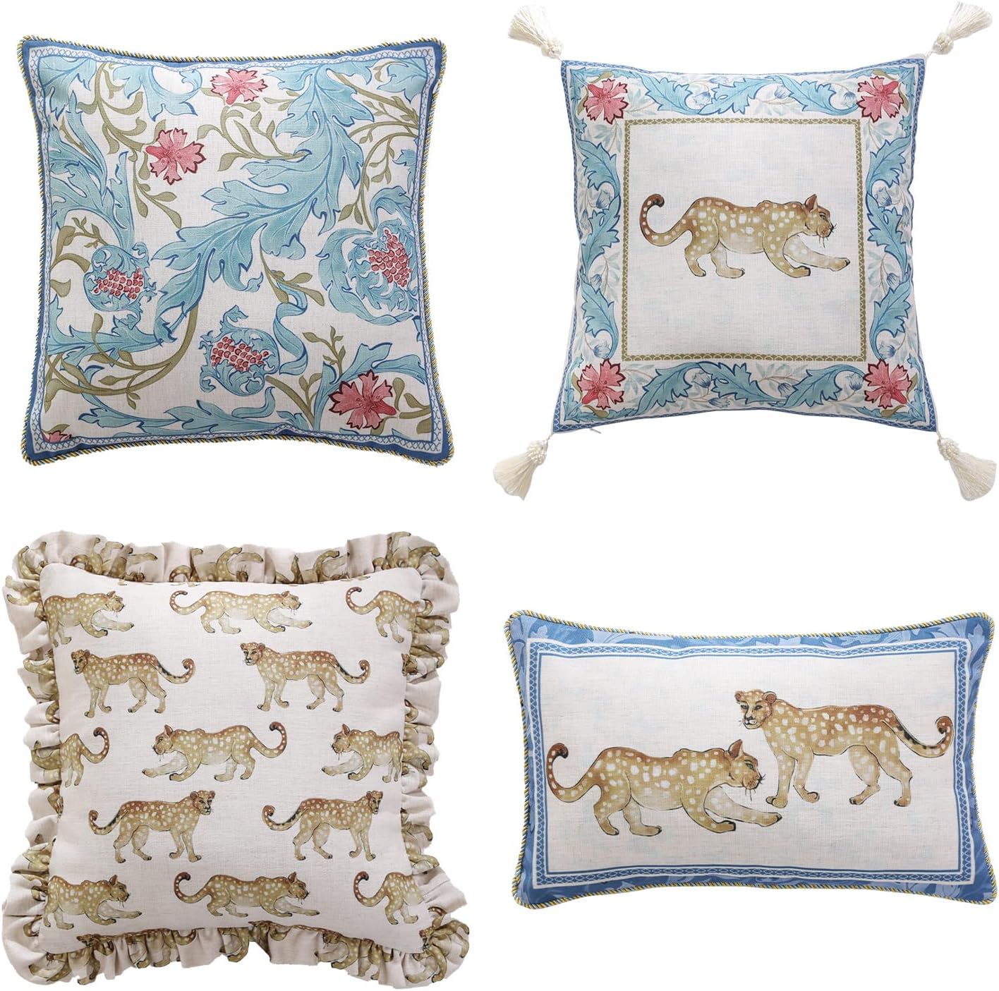 patdrea Designer Throw Pillow Covers for Couch,Vintage French Linen Pillows Cover with Cheetah Pattern and Luxury Pendant,Fall Farmhouse Decorative Pillowcases for Bed Living Room Outdoor Set of 4