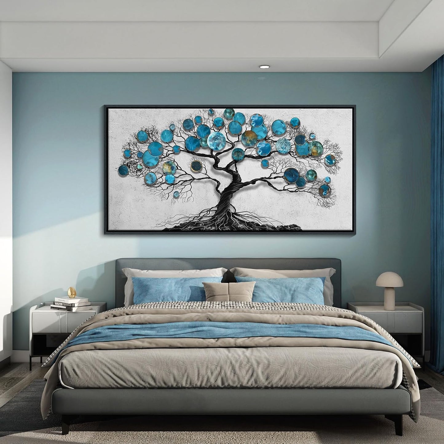 CHATYOUNG Wall Art Living Room - Large Art Teal Blue Tree Abstract Landscape Modern Paintings Black Framed Artwork for Bedroom Dining Room Office Kitchen Home Decor 58"x29"
