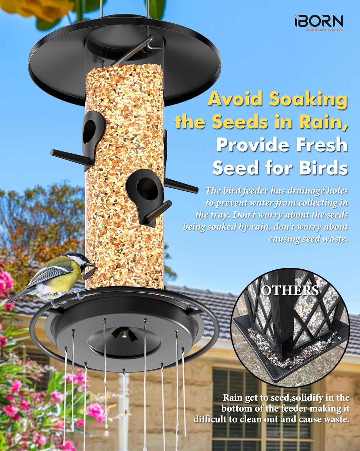 iBorn Metal Bird Feeders for Outdoors, 2LB Bird Seed Feeder 17cm Large Roof &Tray, 4 Feeding Ports, Black Finish