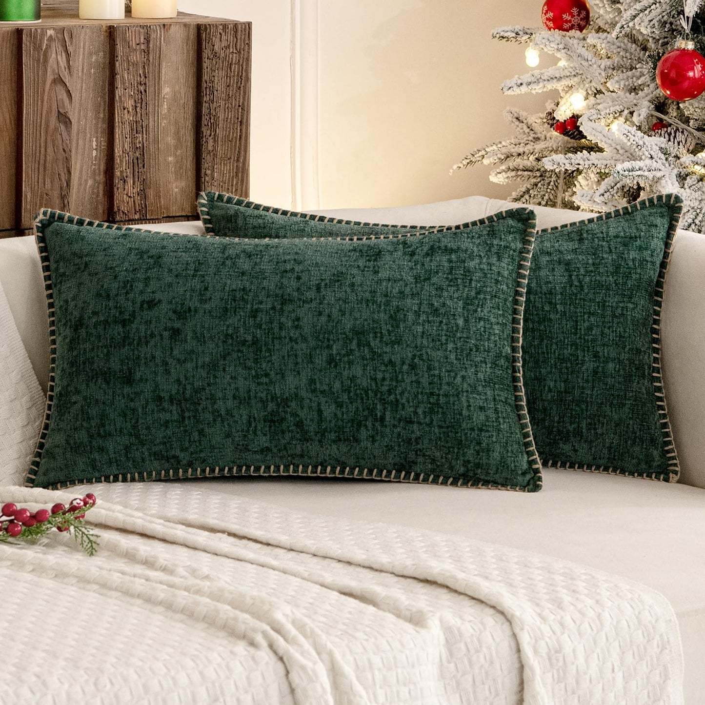 MIULEE Pack of 2 Christmas Pillow Covers 12x20 Inch Dark Green Farmhouse Decorative Throw Pillow Covers with Stitched Edge Soft Chenille Solid Dyed Couch Pillow Covers for Sofa Bed Living Room