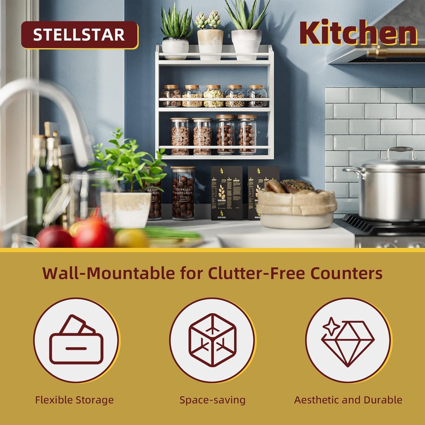 Spice Rack Wall Mounted, Freestanding Spice Organizer for Countertop, Bamboo Spice Storage Holder, for Kitchen Cupboard, Pantry, Bathroom (White)