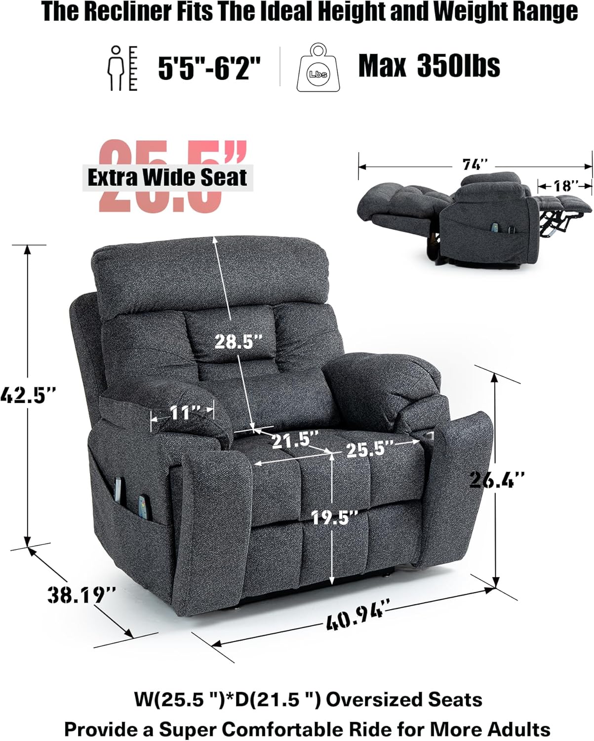Lazy Boy Recliner Chair, 4 Motor Recliner with Power Headrest and Lumbar, Nursing Lift Chair with Vibrating Massage and Heated Seat