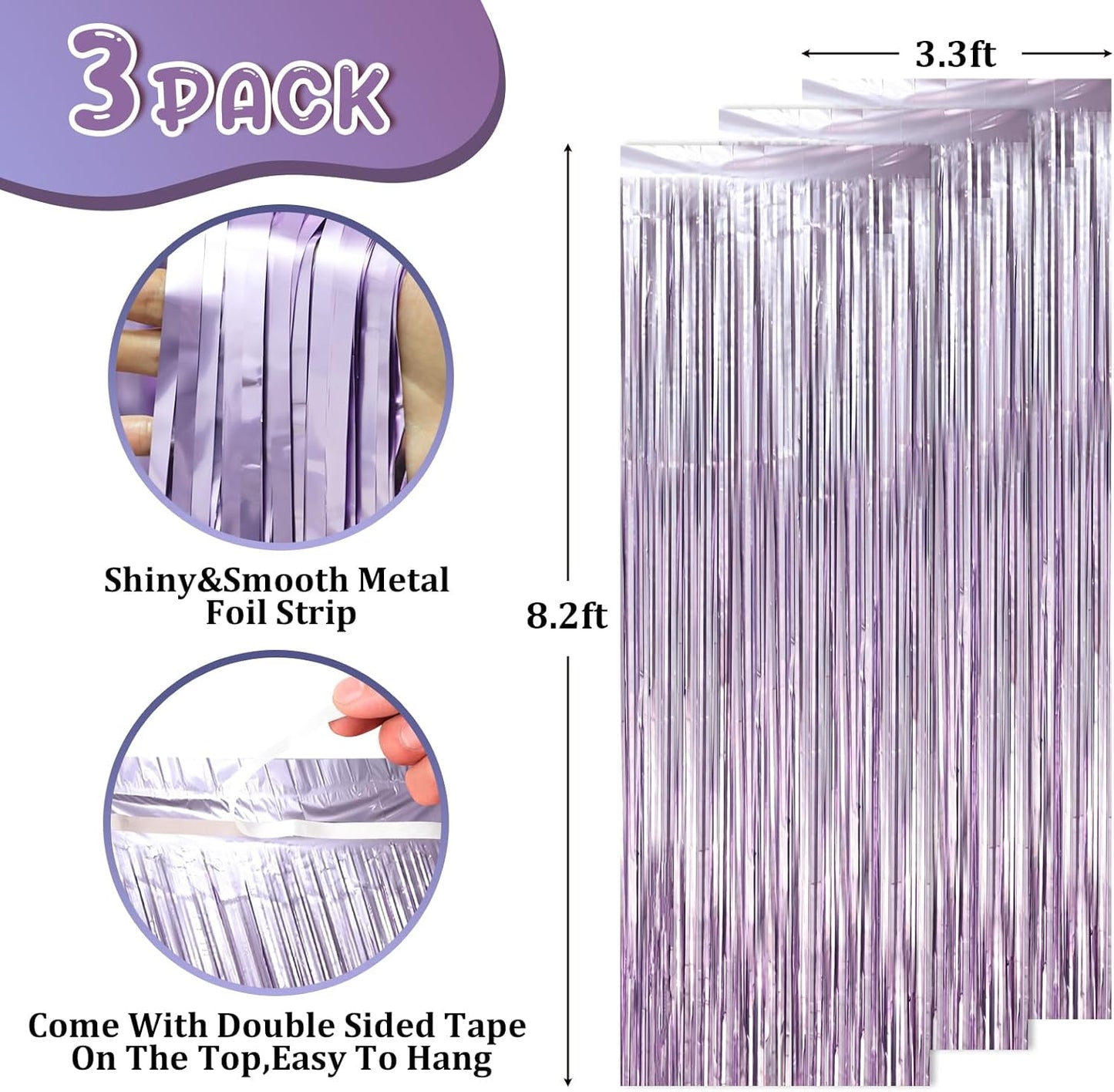 3 Pack 3.3 x 8.2 ft Light Purple Foil Fringe Backdrop Curtains, Tinsel Streamers Party Decorations, Fringe Backdrop, Door Shimmer for Baby Shower or Birthday Party