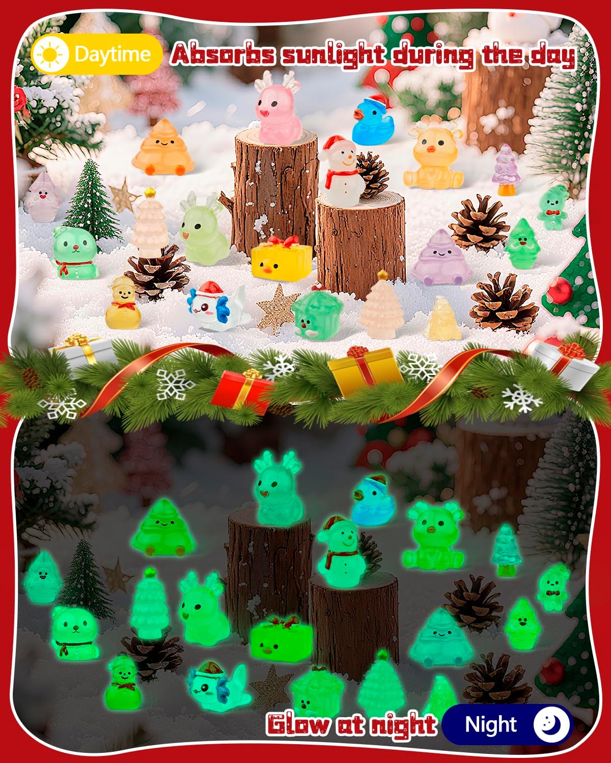 75 Pcs Miniature Christmas Figurines - Luminous Mini Resin Figures to Hide, Glow in The Dark Resin Animals for Micro Landscape Aquarium Fairy Garden Dollhouse Decor