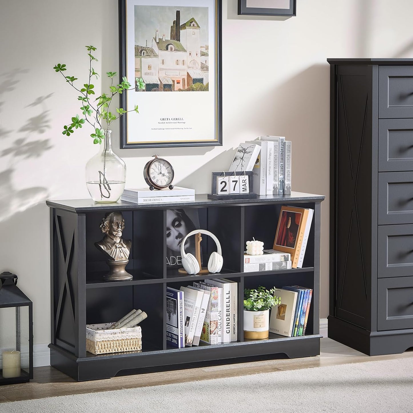 Farmhouse 6 Cube Bookshelf, Black Storage Organizer Bookcase, Kids Toy Storage Cabinet, Long Bookshelves Storage Organizer Shelf, Wood Display Cabinet Book Shelves for Bedroom,Living Room,Office