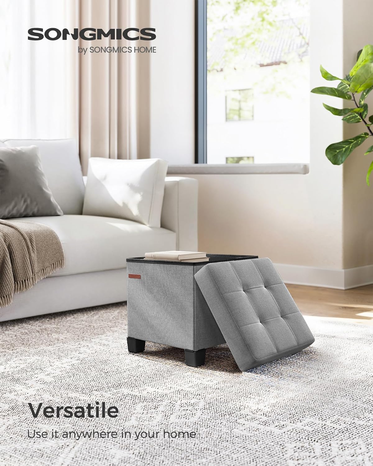 SONGMICS Storage Ottoman, Small Ottoman Foot Rest with Legs, 15 x 15 x 15.7 Inches Foot Stool, Load up to 660 lb, for Living Room, Bedroom, Dorm, Dove Gray ULSF014G02