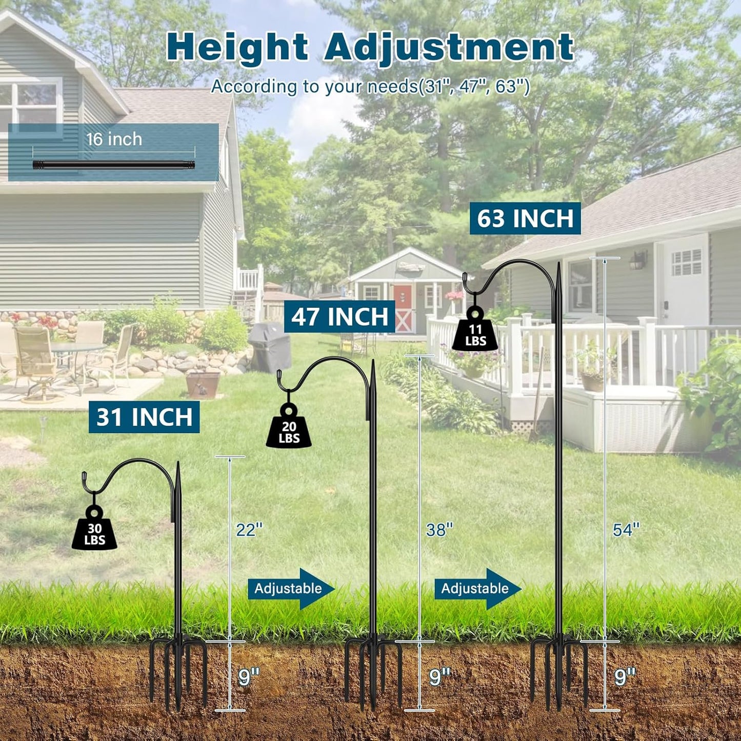 Gtongoko 63 Inch Shepherds Hooks for Outdoor with 5 Prongs Base, Adjustable Bird Feeder Pole Garden Hooks for Hanging Lanterns, Plants Baskets, Hummingbird Feeders, 2 Pack