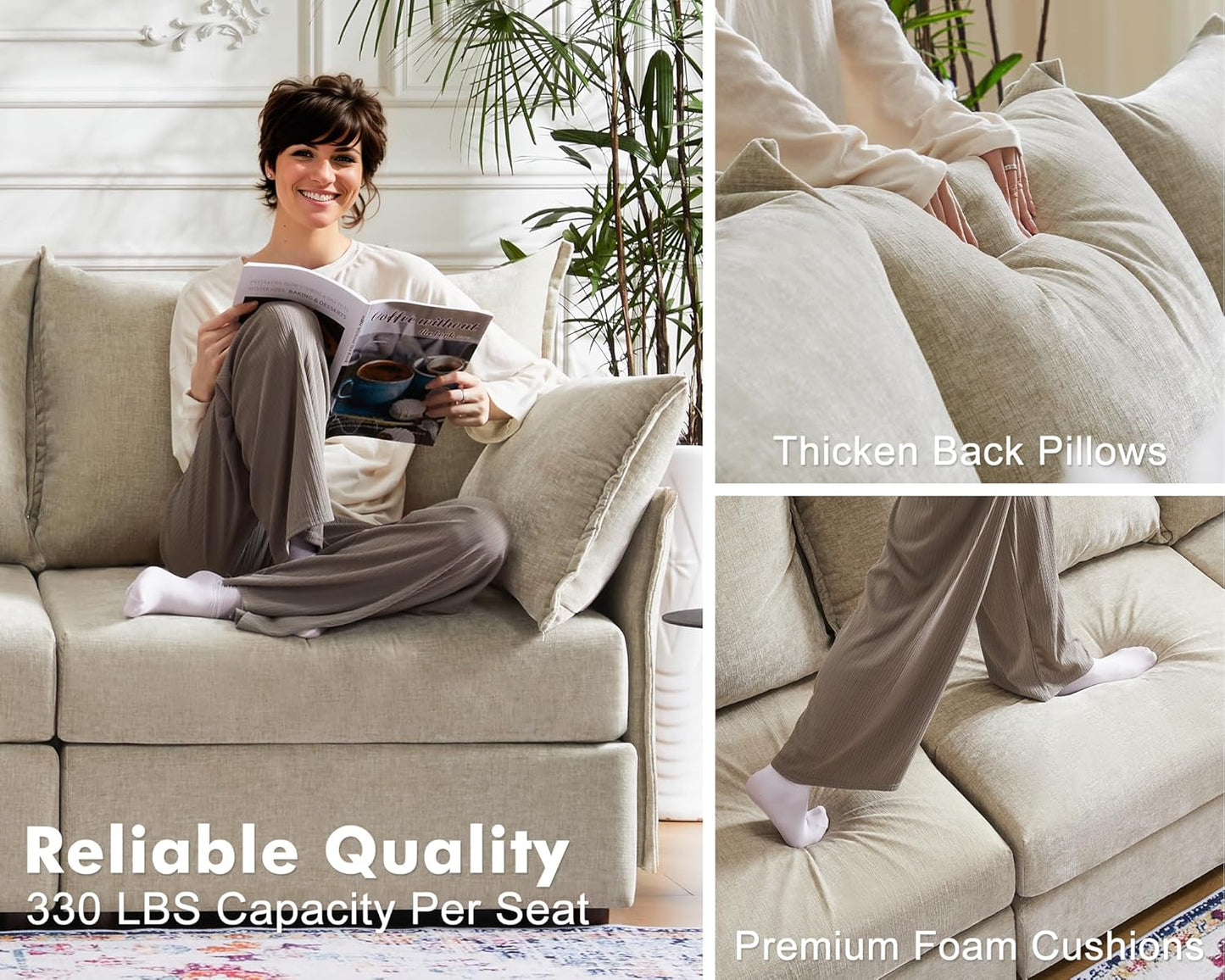 134.6" Modular Sectional Sofa, Oversized 4 Seater Couch with Removable Beige Chenille Fabric Cover, Deep Seat & High Backrest for Living Room, Office & Apartment