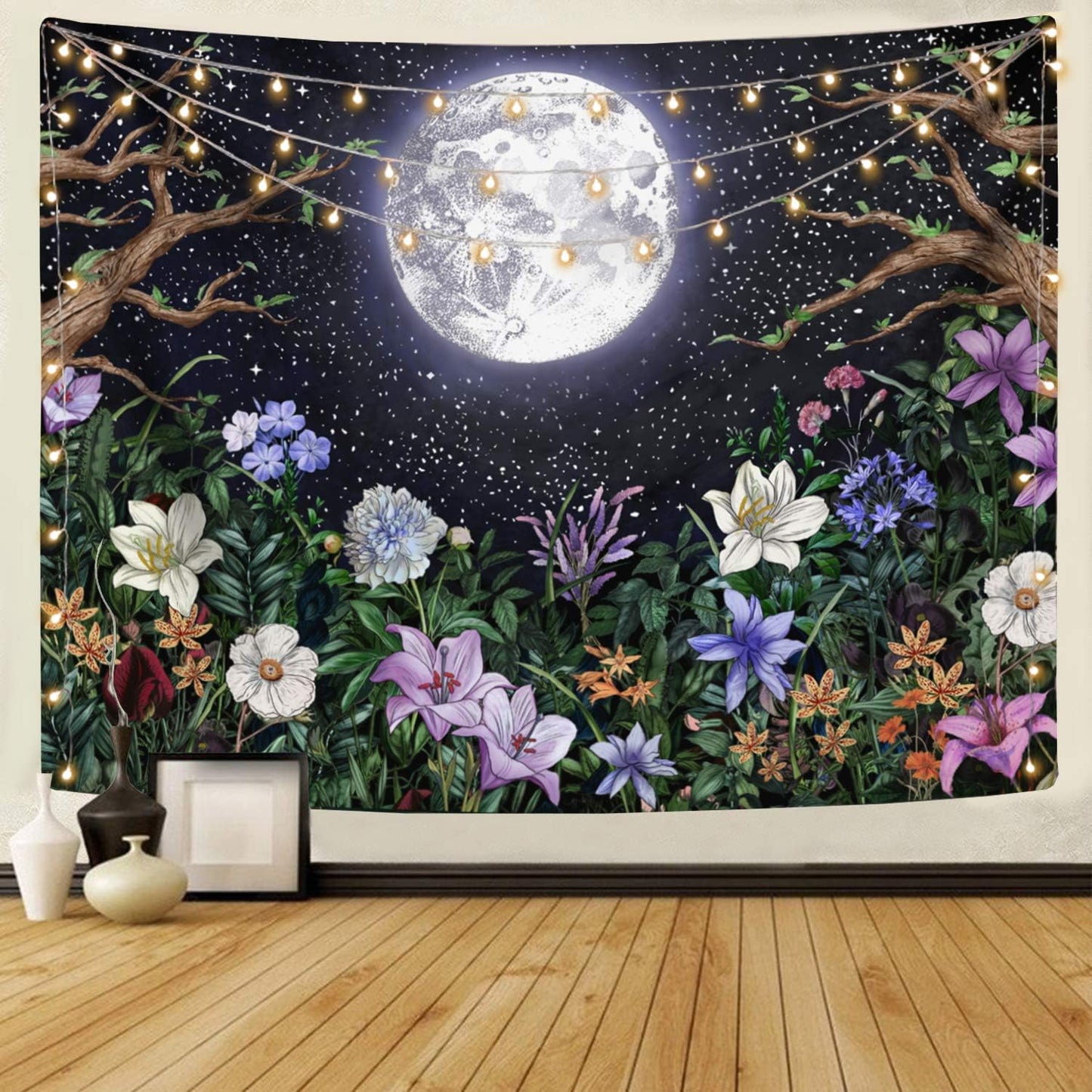 Neasow Aesthetic Moon Garden Tapestry Wall Hanging, Night Landscape with Colorful Plants Floral Tapestries for Bedroom Home Decor Multi Color 68×90 inch (172.5cm×230cm)
