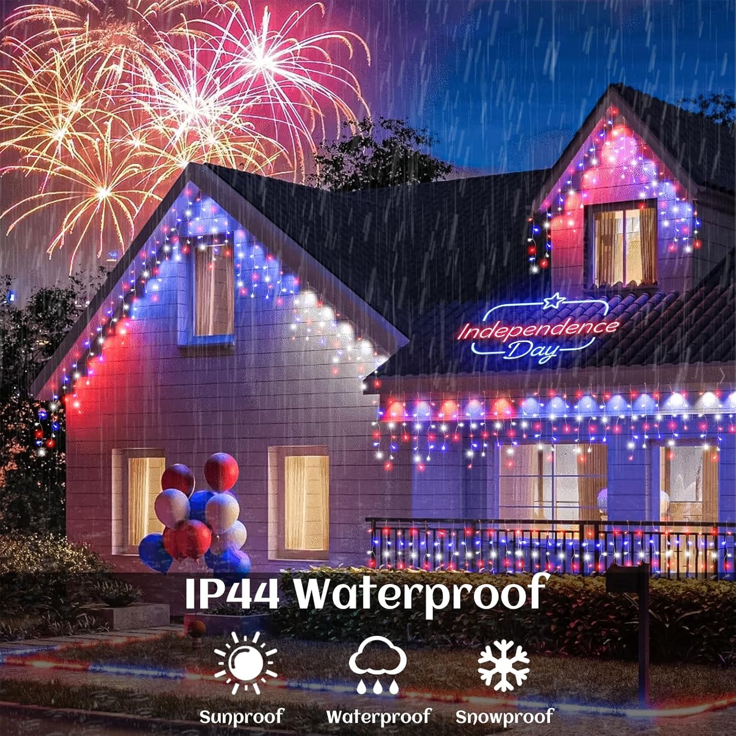 Red White and Blue Lights for 4th of July Decor, 66ft Icicle Lights for Outside Independence Day Decoration, 640 LED Christmas Light Outdoor Indoor with 120 Drops Clear Wire Connectable for Holiday